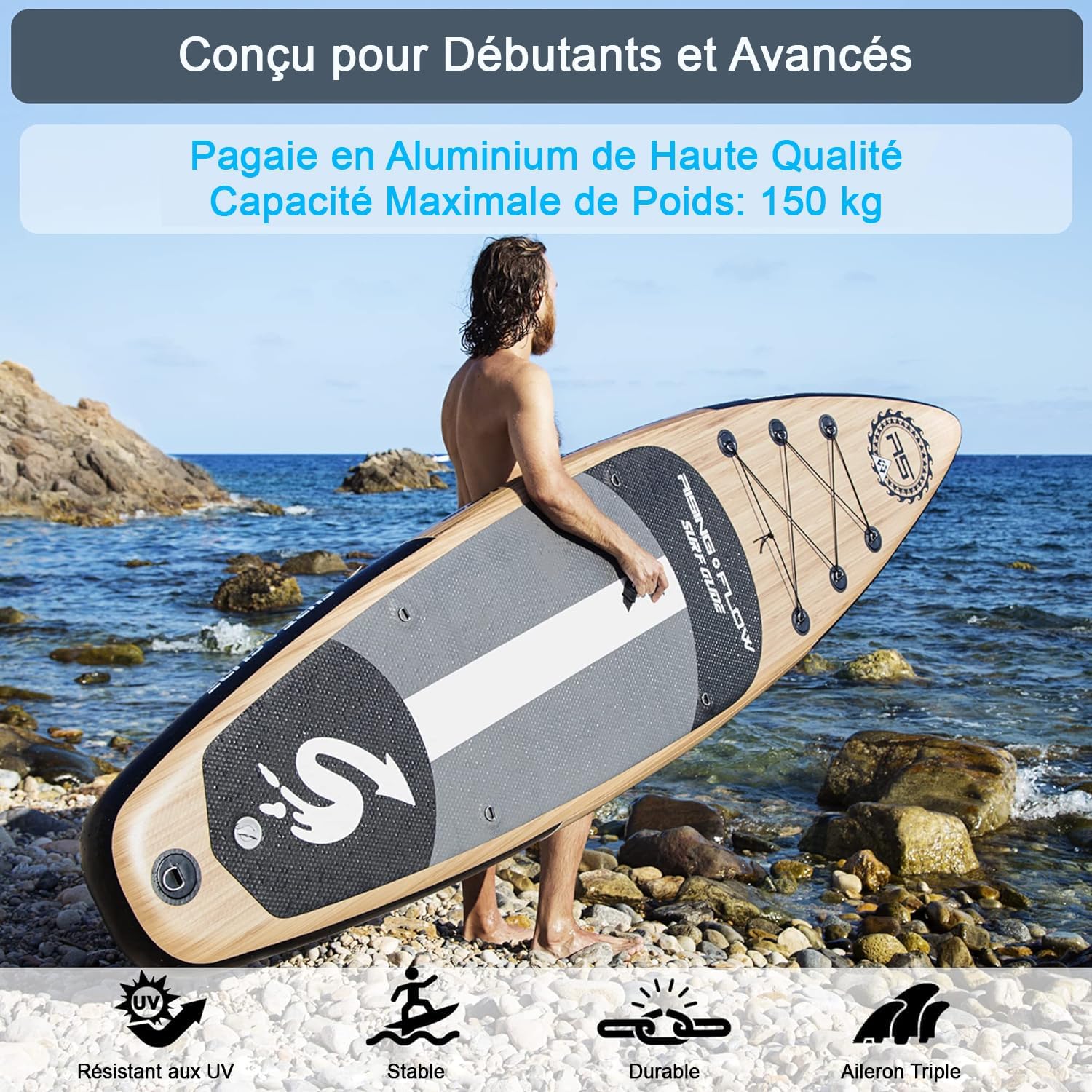 SereneLife Stand Up Paddle Gonflable Adulte 6” – Planche de Paddle avec Accessoires Sup, Sac de Transport, Pont Antidérapant, pour Mer, Lac, Rivière