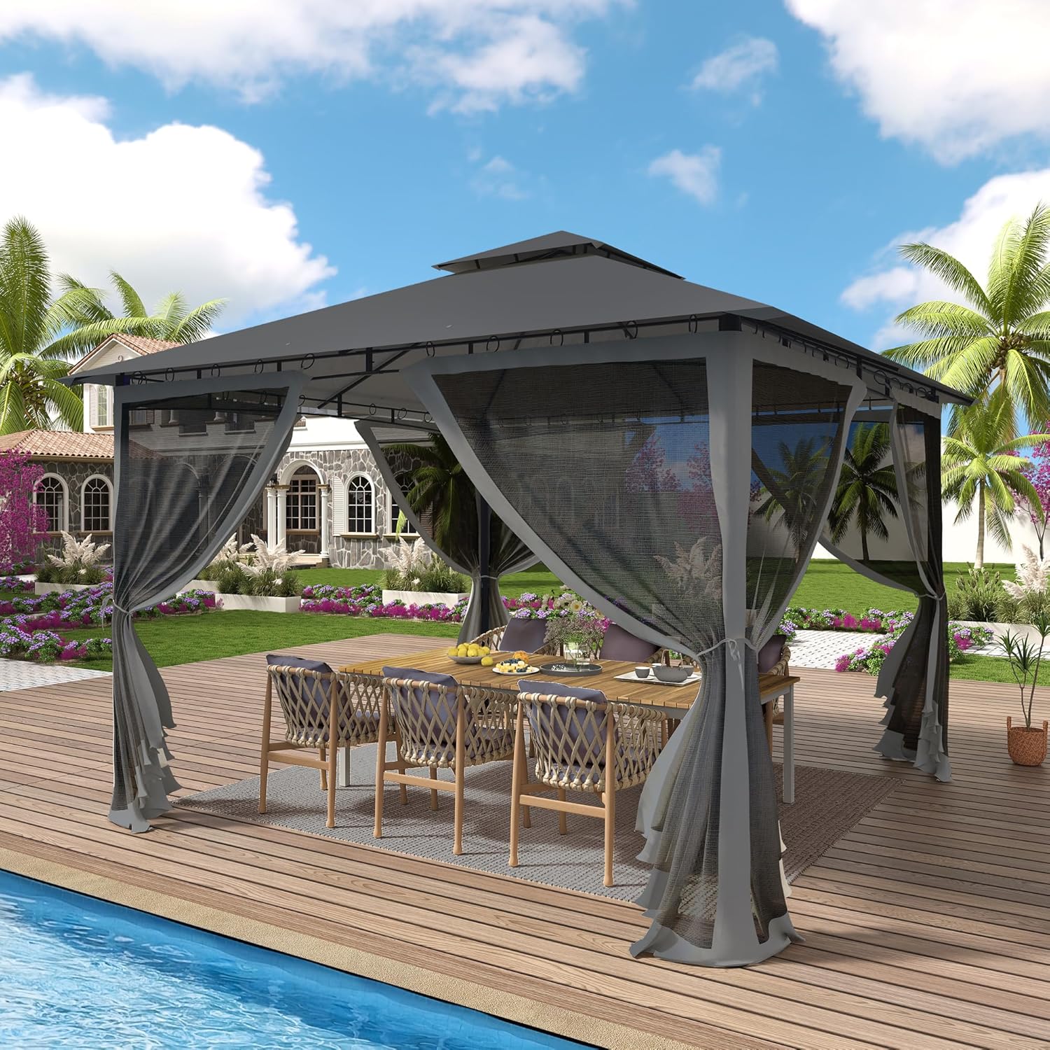 UDPATIO - tonnelle extérieure - 2.8x2.8m - double toit, moustiquaire, structure métal stable