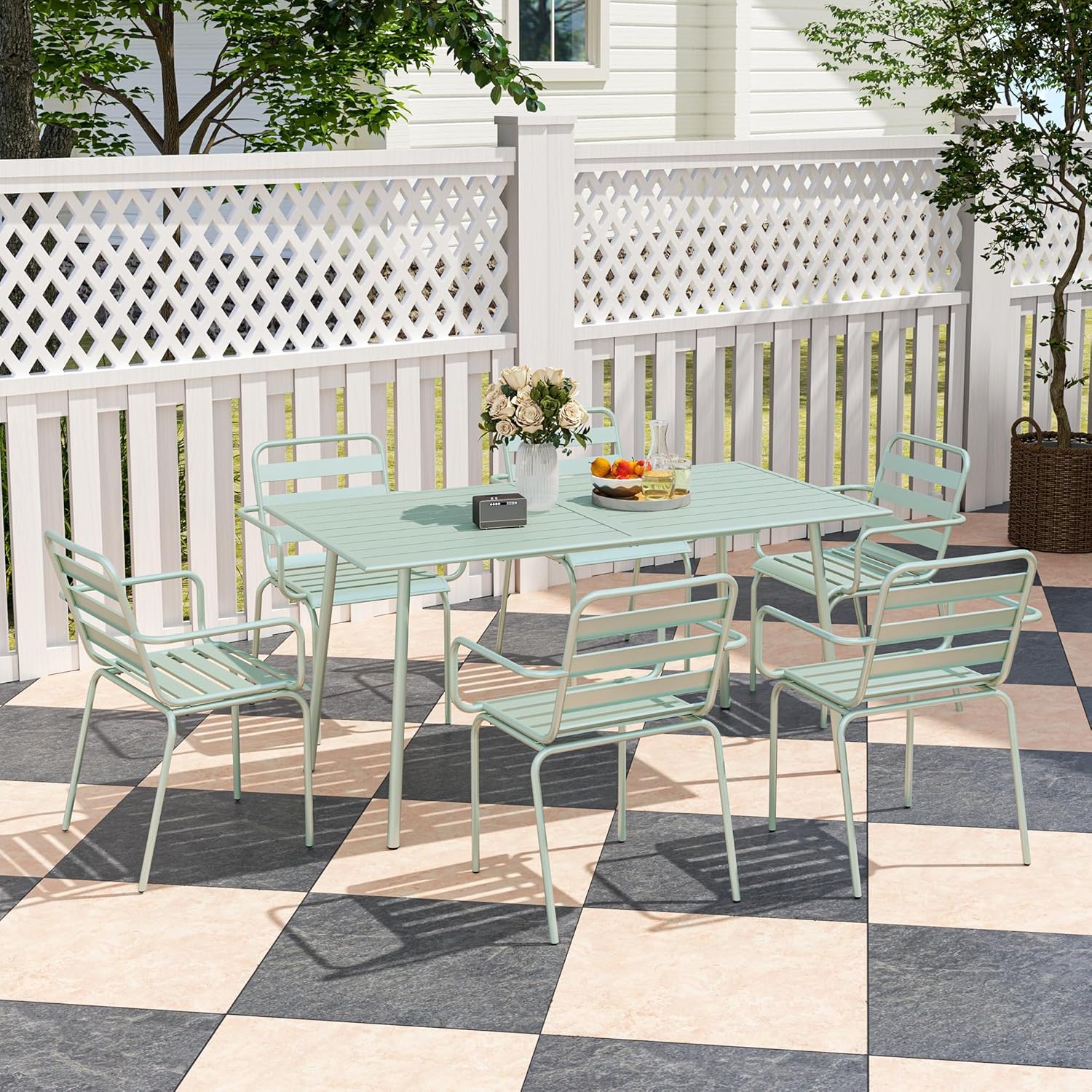 Outsunny - Salon de jardin 7 pièces - Table + 6 chaises acier vert clair - Empilables, extérieur