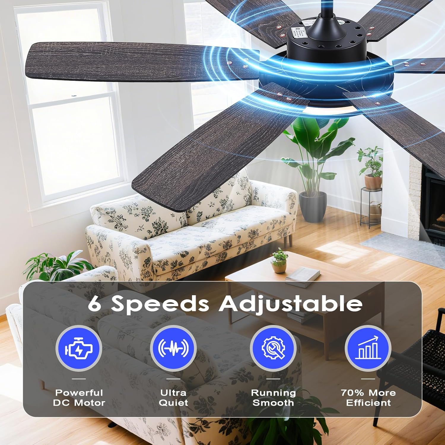 Kviflon Ventilateur de Plafond avec Lumière 132 cm, Moteur DC Silencieux et Économe, Télécommande & Contrôle par App, 6 Vitesses, LED Dimmable, 3 Pales ABS, Design Moderne Noir pour Chambre et Salon