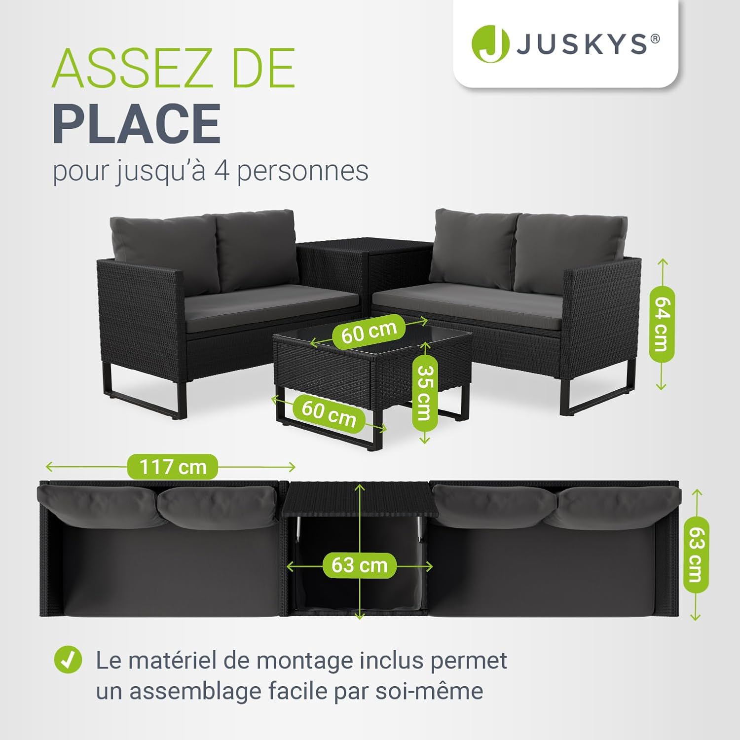 Juskys - Coin Lounge Santorini - polyrotin noir extérieur - table basse, coffre à coussins, résistant intempéries