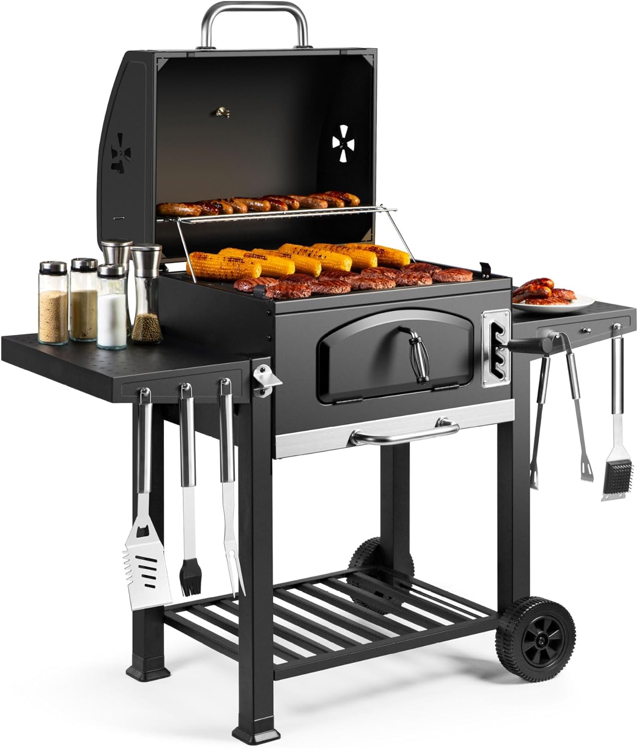 VonHaus - Barbecue XL - grande capacité, tablettes, fumoir, roues