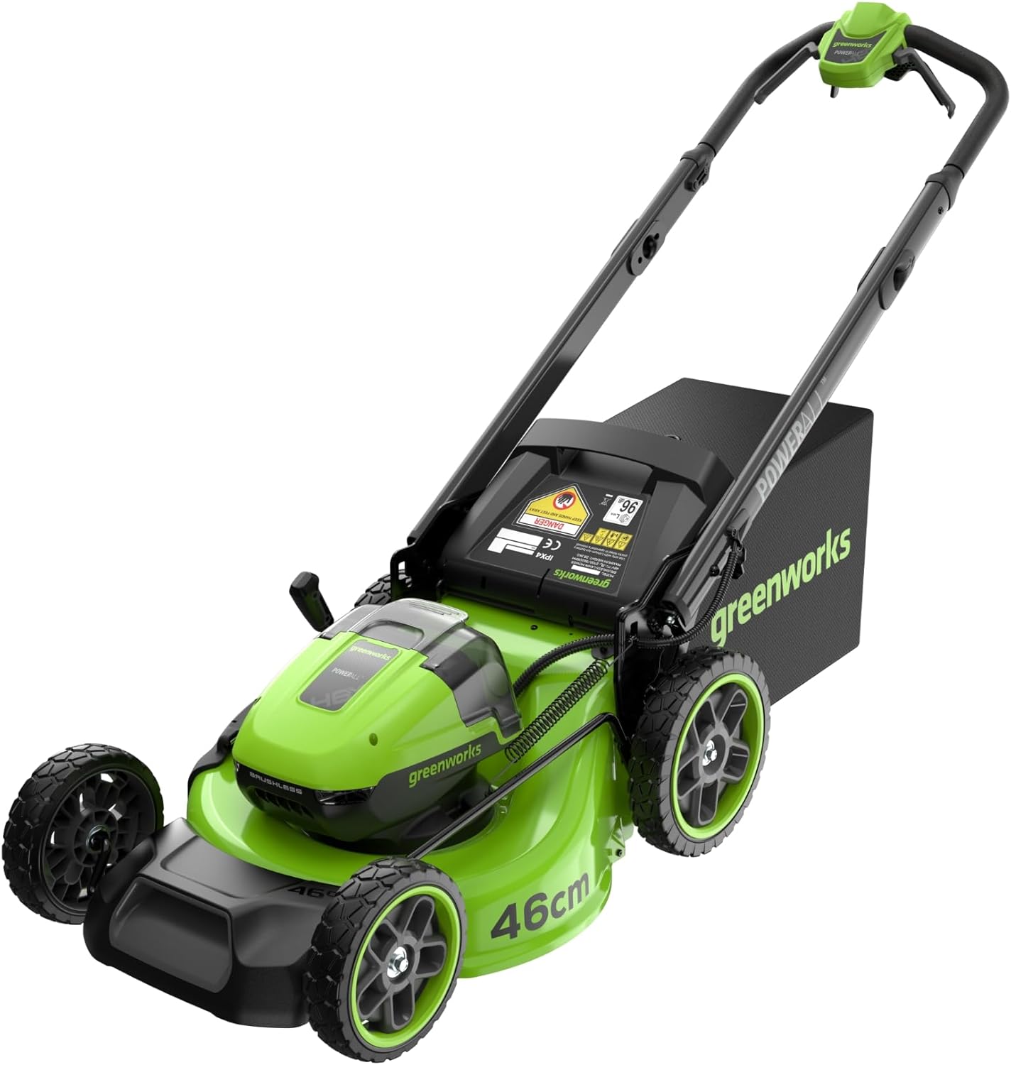 Greenworks 48V (24V x 2) Tondeuse à gazon sur batterie autopropulsée, largeur de coupe 46 cm, jusqu’à 440 m², réglage central de la hauteur de coupe en 8 positions, sans batterie ni chargeur – LM4602S