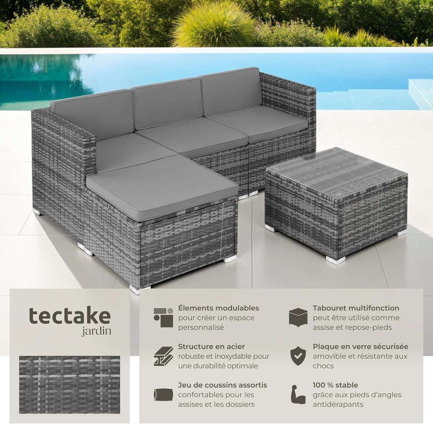 tectake - Salon de jardin modulable 4 places, poly rotin, table et poufs