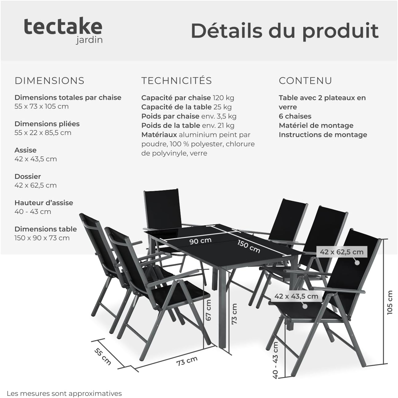 tectake - Salon de jardin aluminium, 6 fauteuils pliables, table - entretien facile, 220x90 cm