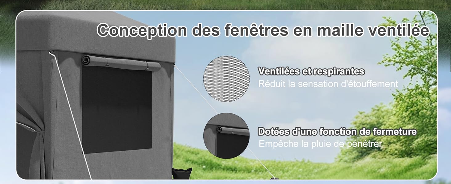 Le texte se lit comme suit : « Conception des fenêtres en maille ventilée », « Ventilation optimisée » et « Maille renforcée ». Produit d'écran en maille de fenêtre présenté avec ventilation et caractéristiques de maille renforcée mises en évidence.