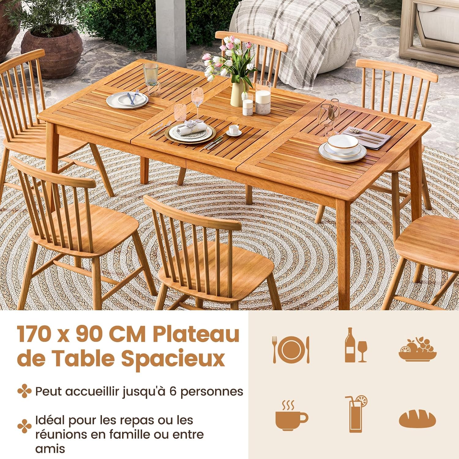 GOPLUS - table de salle à manger extérieur - 90x170 cm - bois acacia, 6-8 pers, trou parasol intégré, charge 160 kg