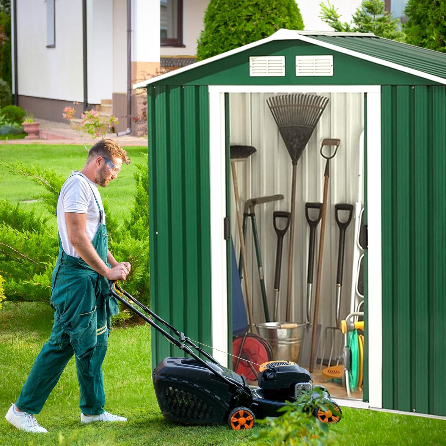 COSTWAY Abri de Jardin Métal Extérieur 2.7㎡ Acier Galvanisé avec Fondation, Toit Penché, 4 Persiennes, Double Porte Coulissante, Cabane Jardin Exterieur avec Rampe, pour Vélo, Poubelle, 213x127x185CM