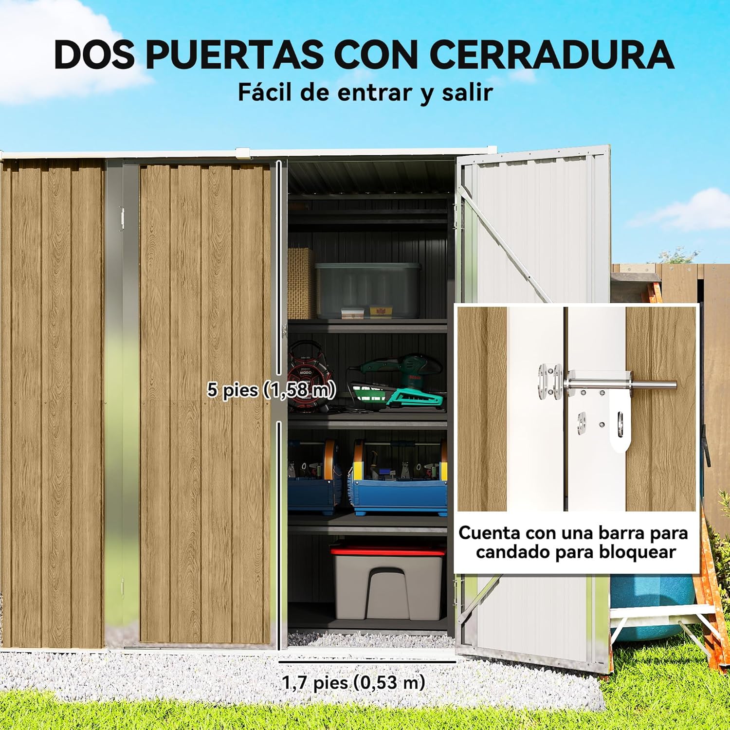 Outsunny Abri de Jardin d'extérieur 1,37 m², 163 x 89 x 163 cm, abri de Jardin métallique d'extérieur avec Toit en Pente, Portes à loquet et poignées pour Le Rangement des Outils, Marron Clair