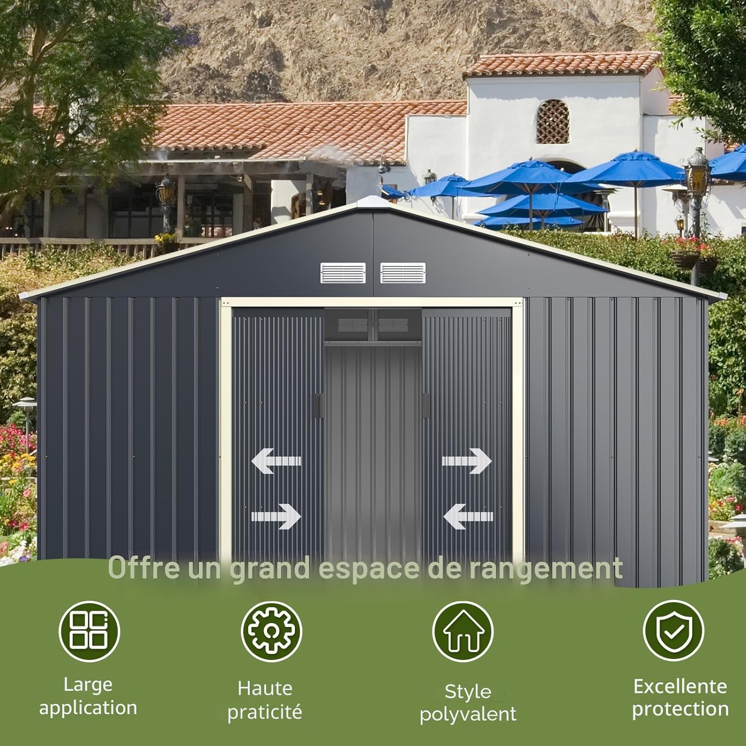 HOMASIS Abri de Jardin en Métal Avec Toit à Pignon, 4 Fenêtres d'Aération et 2 Portes Coulissantes