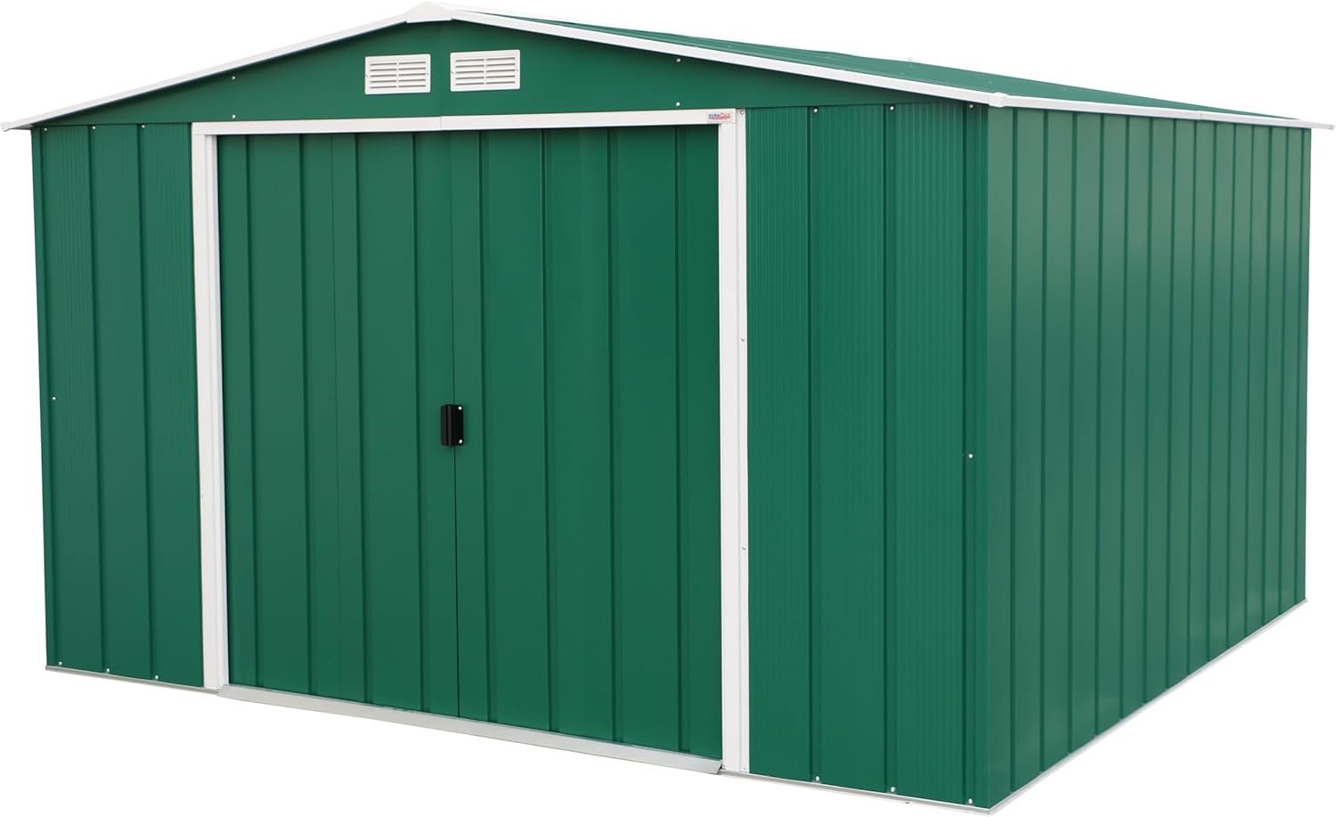 Duramax ECO 10 x 10 (9.16 m²) Abri de Jardin en Métal Galvanisé à Chaud, Structure de Toit Renforcée, Sans Entretien, Vert