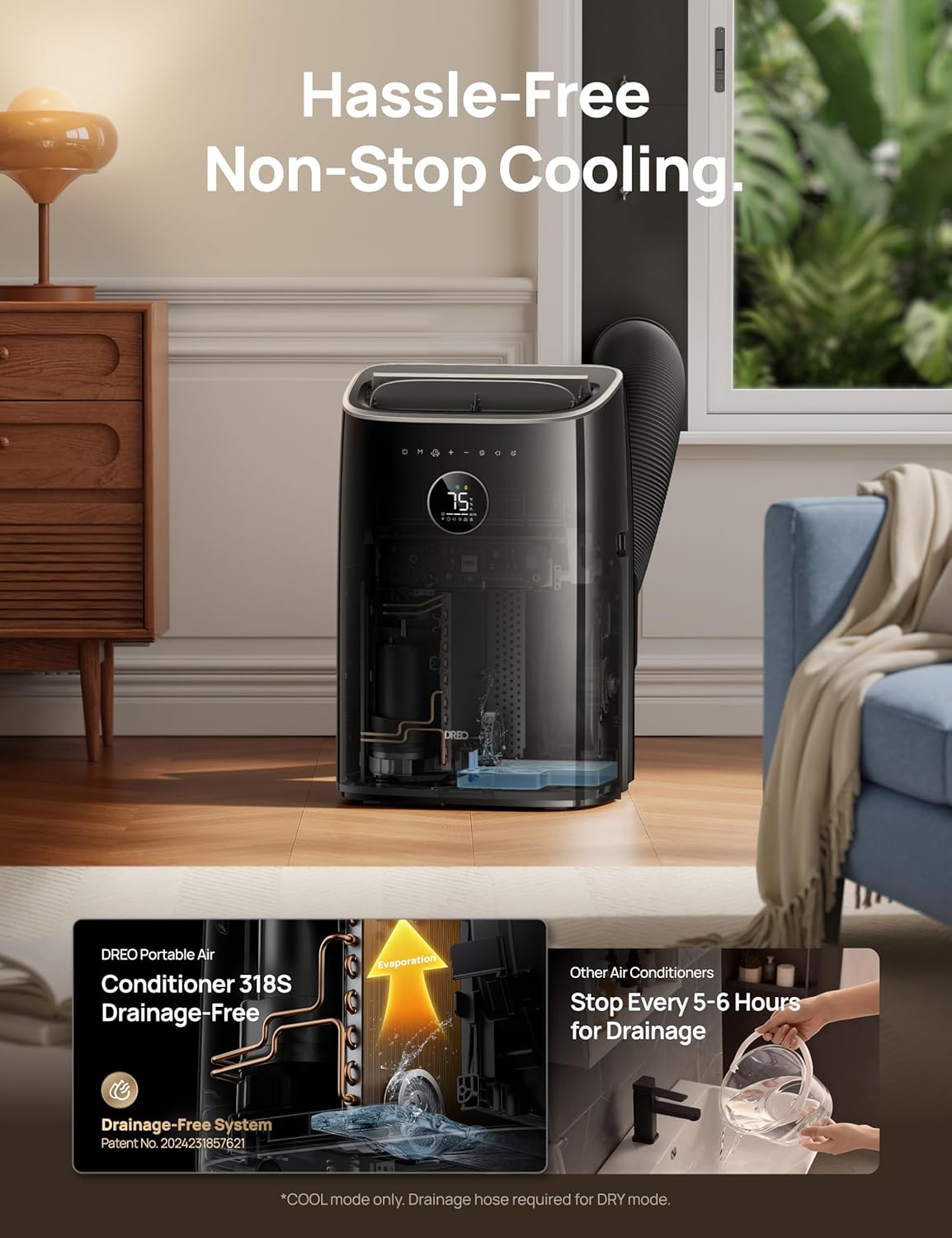 DREO climatiseur mobile 7500 BTU 3-en-1 refroidissement/ventilation/déshumidification, silencieux pour chambre ou bureau, contrôle par app et voix, sans drainage, kit fenêtre, 2,5 L/h, AC318S