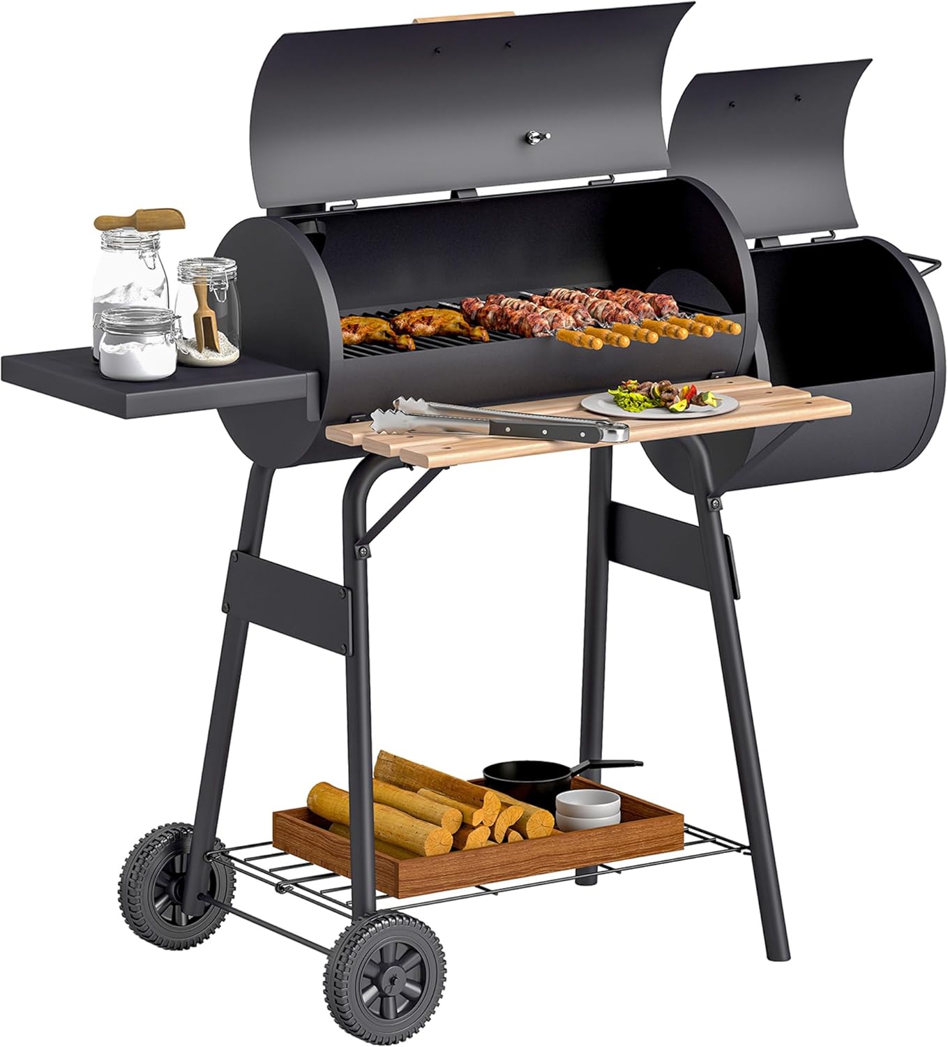 Outsunny - barbecue fumoir sur pied - acier noir - roulettes, étagères, thermomètre