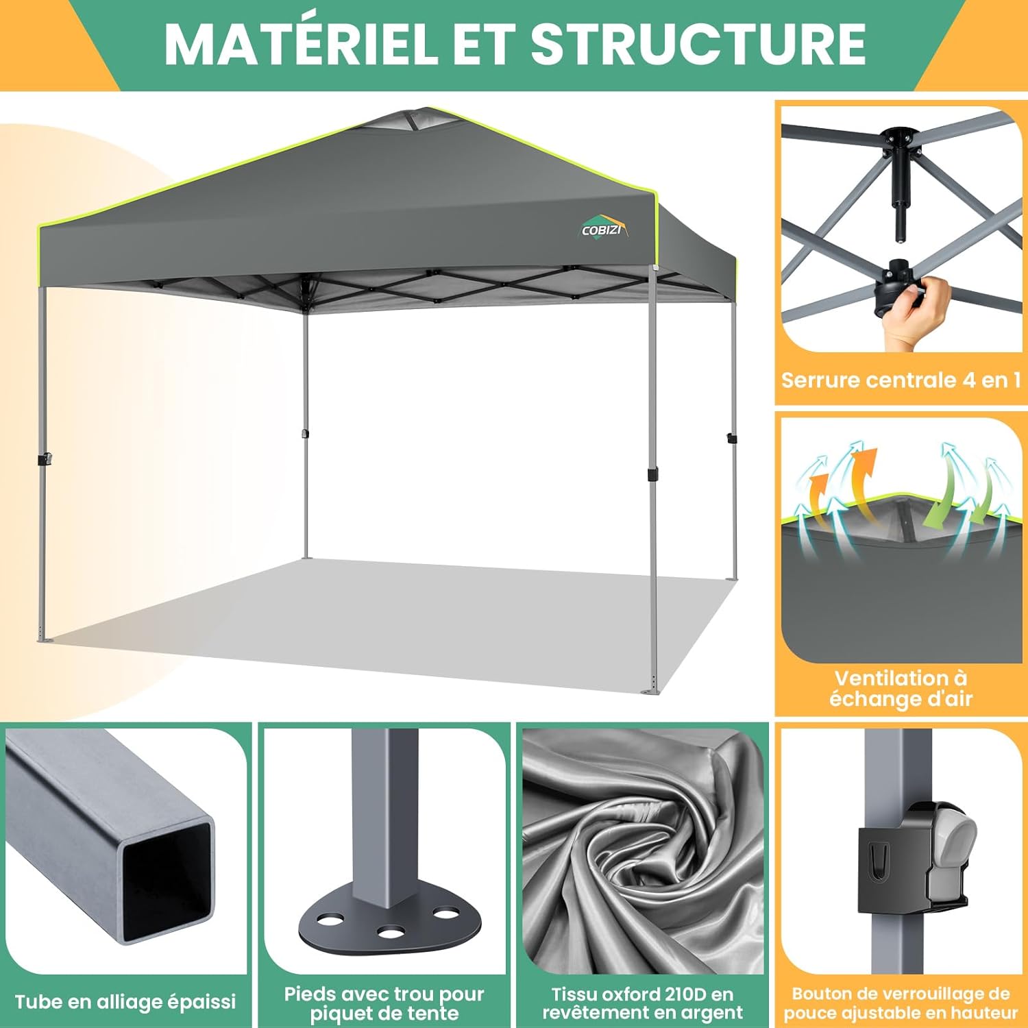 COBIZI - Tonnelle pliante série UV 50+ - 3x3m - verrouillage central, bandes fluorescentes, 4 parois