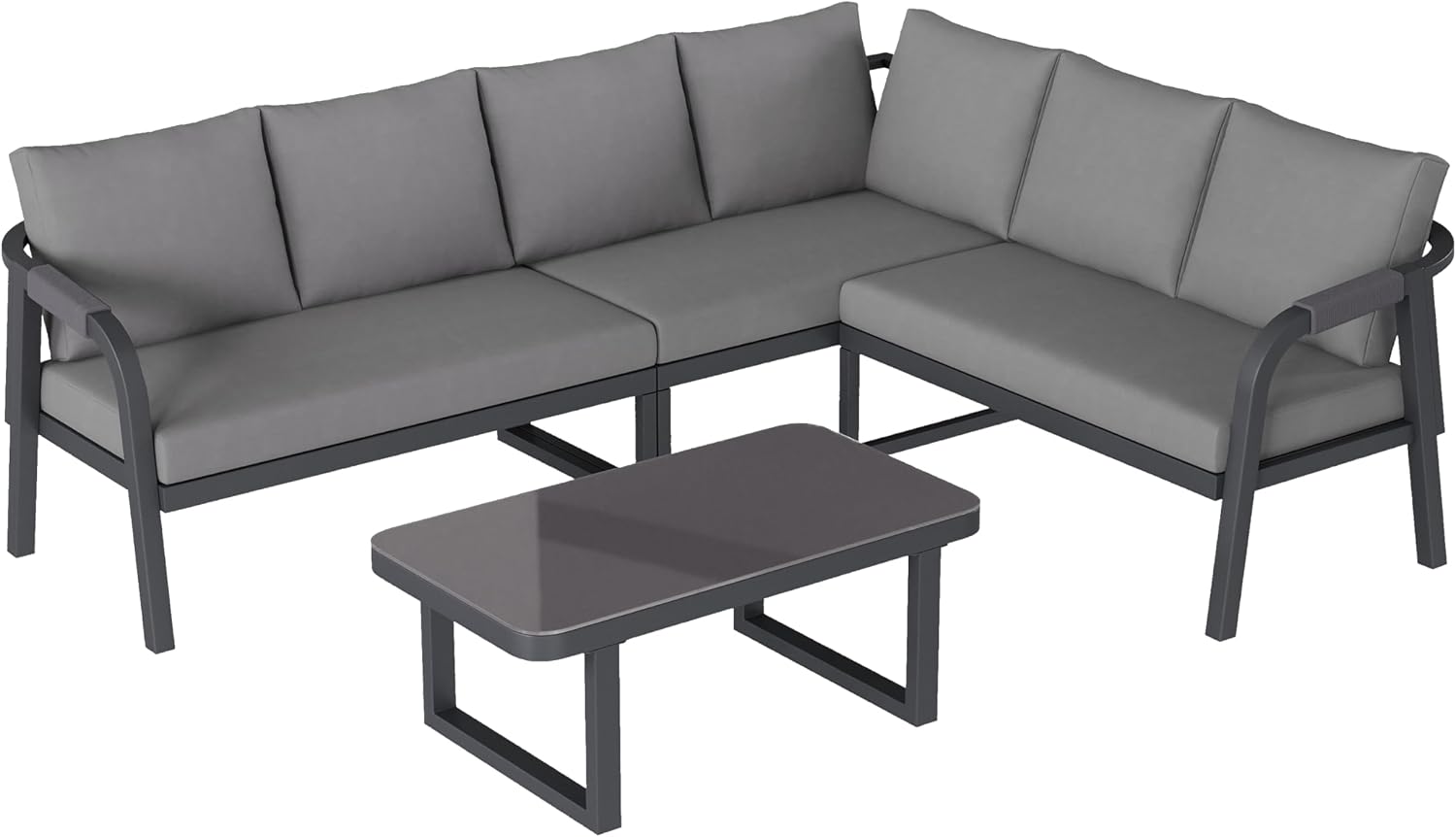 Sapgaks - Salon de jardin extérieur 5-6 pers - acier galva, dossiers tressés, table basse, coussins - G-Gris