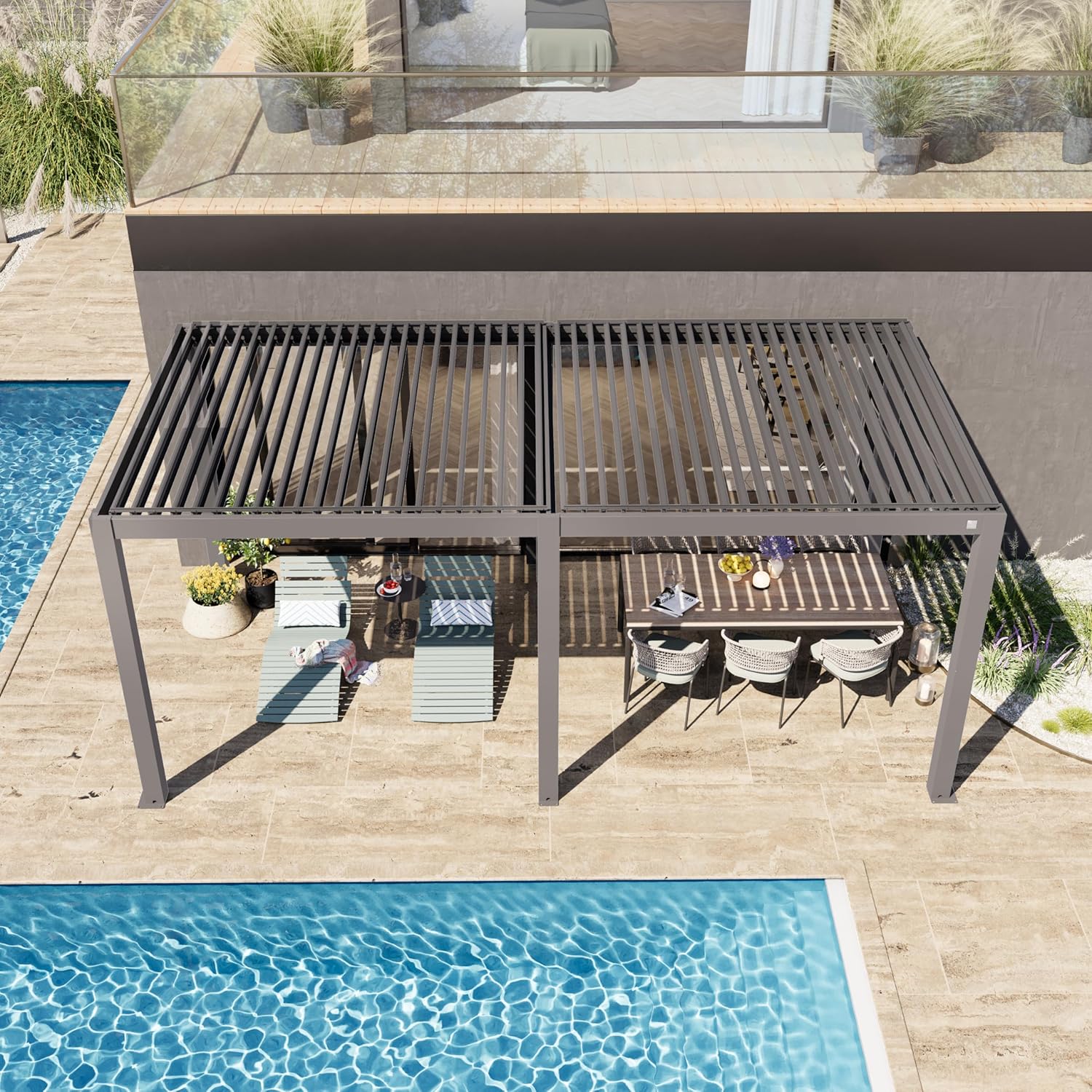 Primeyard - Pergola série aluminium - 3x6 m - lames orientables, poteaux alu, gris