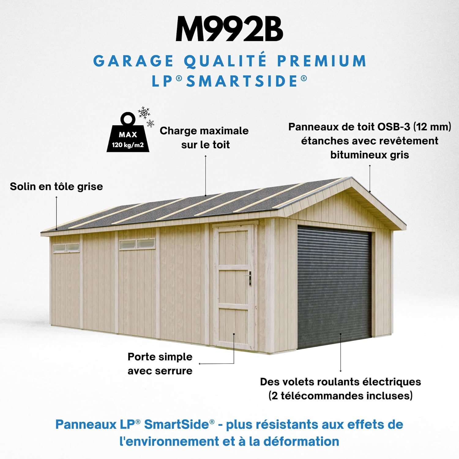 Garage de Jardin QUALITÉ Premium - Abri de Jardin - 21 m²- L378xl648 cm - Construction en Panneaux LP Smartside - Rangement pour vélos, Remise à Outils - TIMBELA M992B