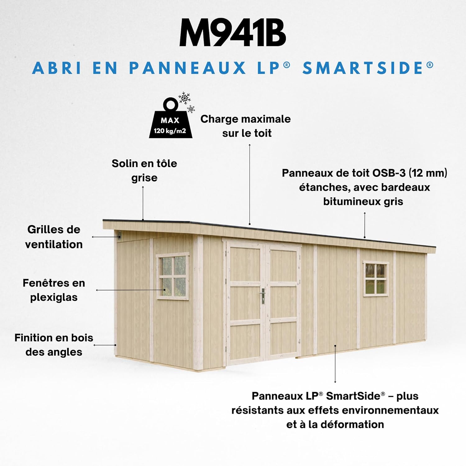 Timbela - Abri de jardin Premium - 14,3m² - Panneaux Smartside - M941B-TERRA