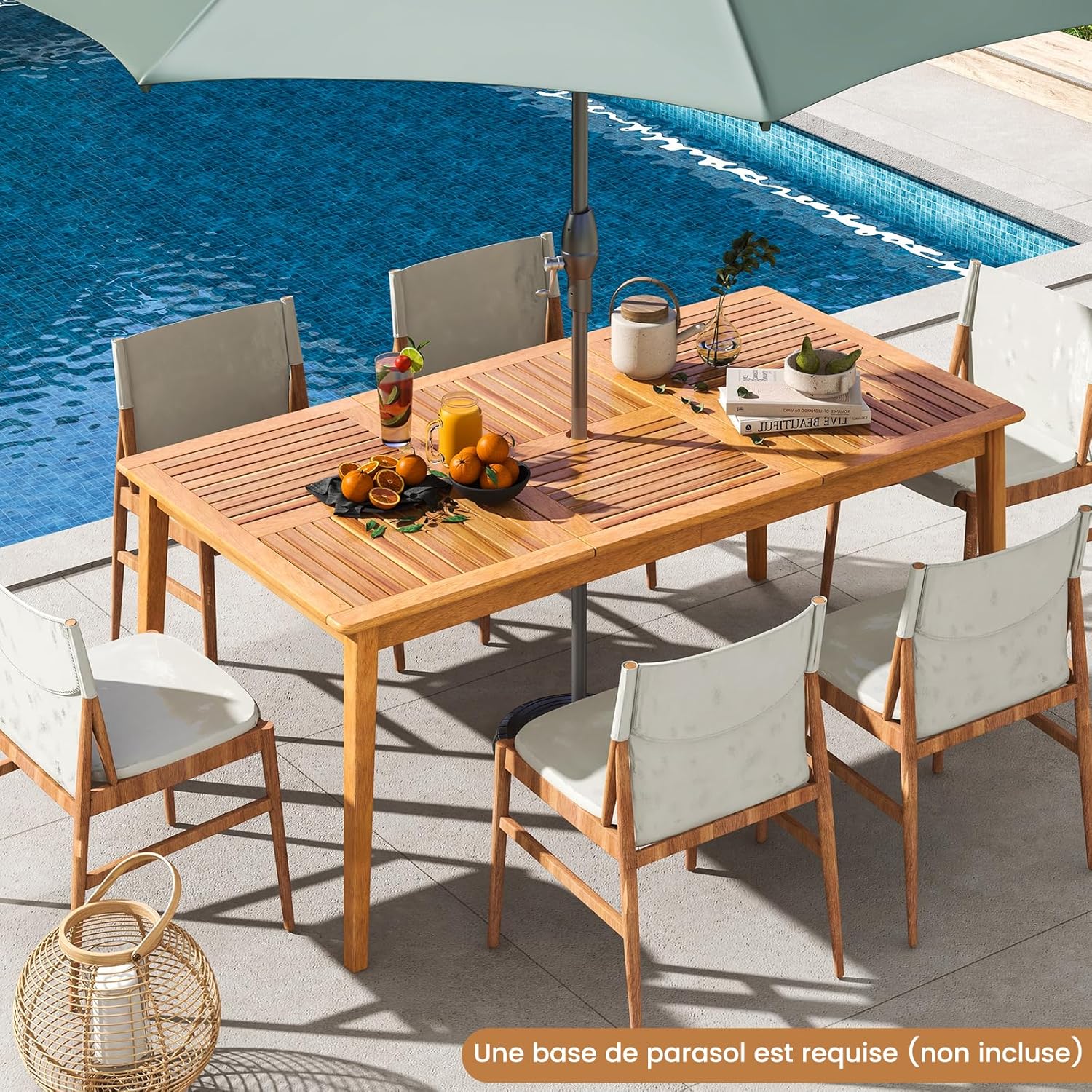 GOPLUS - table de salle à manger extérieur - 90x170 cm - bois acacia, 6-8 pers, trou parasol intégré, charge 160 kg