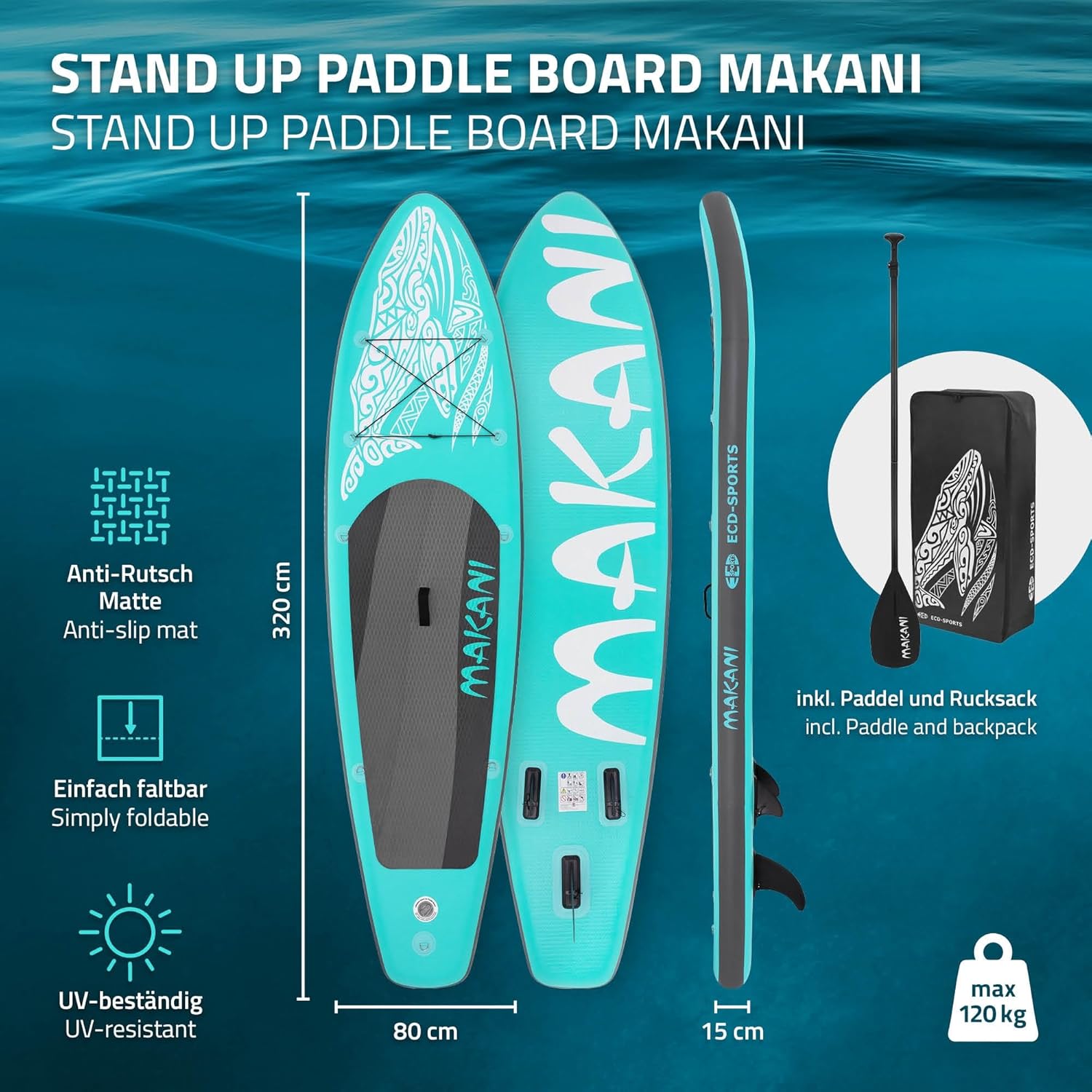ECD Germany - Stand Up Paddle Board - 305/308/320/380 cm - PVC, jusqu’à 150 kg, 10/15 cm, sac, pompe