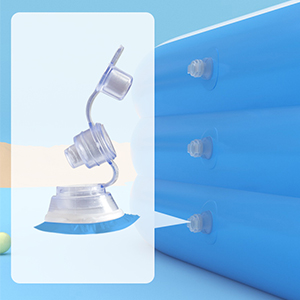Appareil d'aspiration médical avec récipient de collecte transparent et rembourrage bleu, illustré en cours d'utilisation et gros plan du mécanisme de fixation