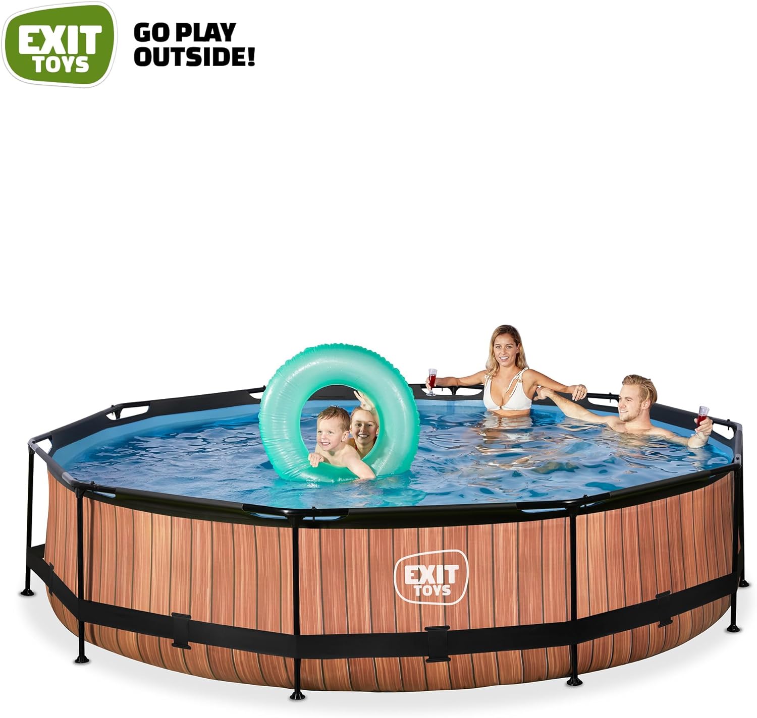 EXIT TOYS Piscine Tubulaire Wood - ø360x76cm - Piscine Hors Sol Ronde Grande avec Pompe Filtrante à Cartouche - Entrée Basse - Idéal pour Les Jeunes Enfants - Cadre Stable - Design Unique - Marron