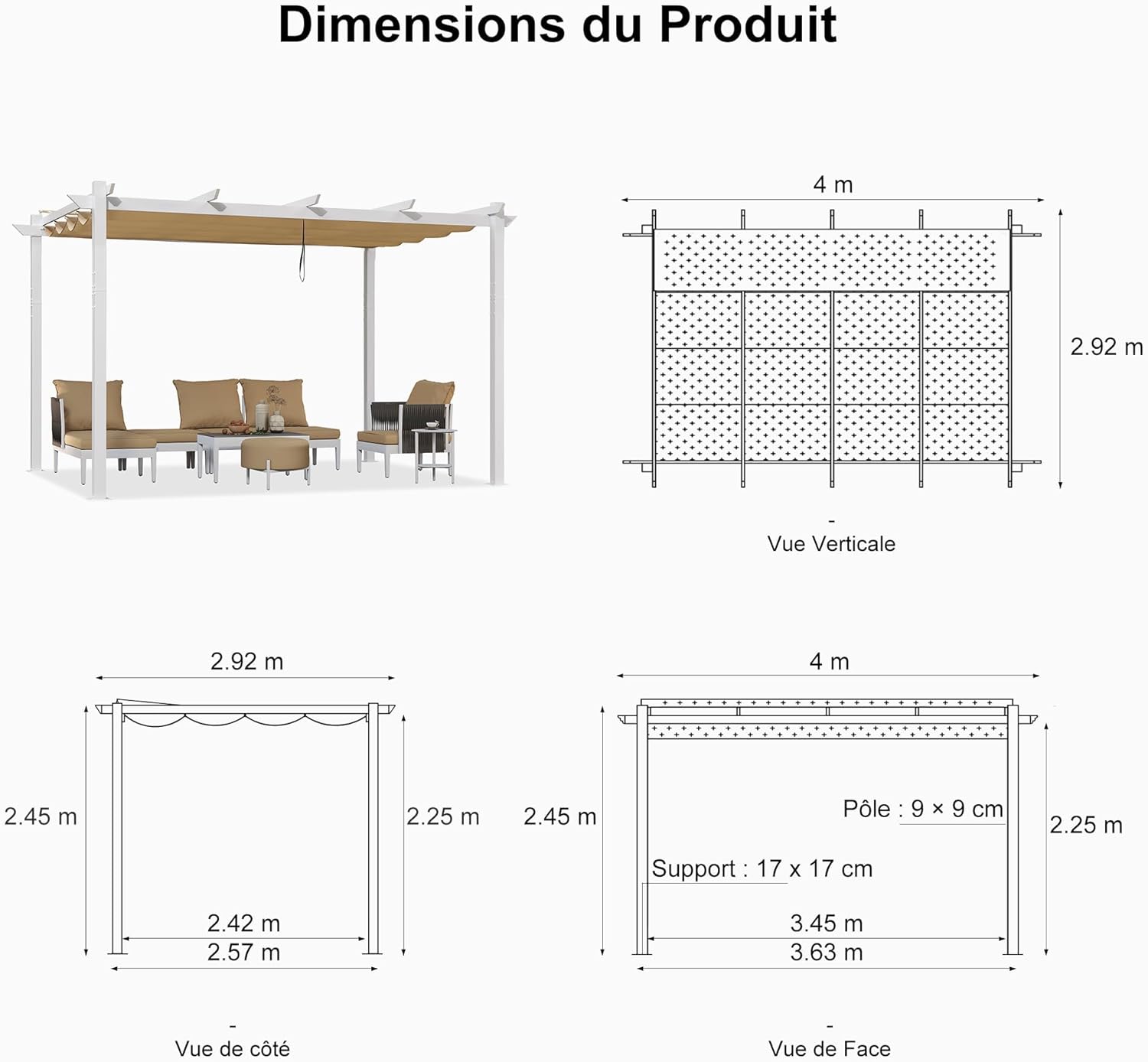 PURPLE LEAF - Pergola aluminium - 4x3m - éclairage intégré, toit kaki