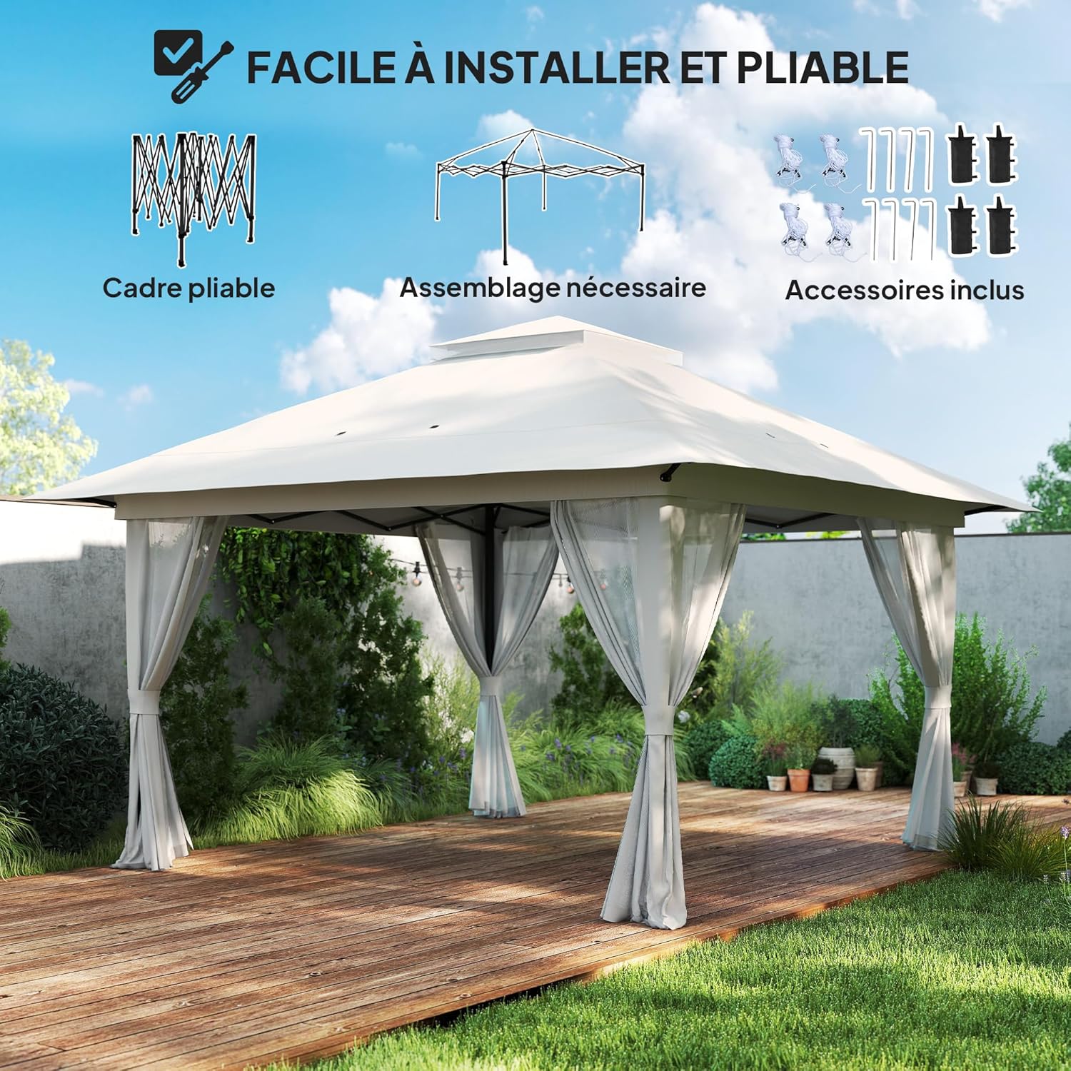Outsunny - Tonnelle de Jardin Pop-up – 4x4m, UV 50+, double toit, moustiquaires, sac de sable, transport - BARNUM-4x4-UV