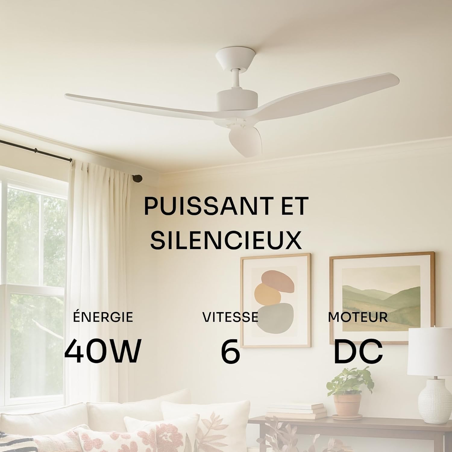 Mellerware - Ventilateur de plafond avec télécommande Brizy! 45W | Puissant | Ultra silencieux | 3 lames | Diamètre 132cm | 6 vitesses | Refroidissement + LED intégrée | Blanc