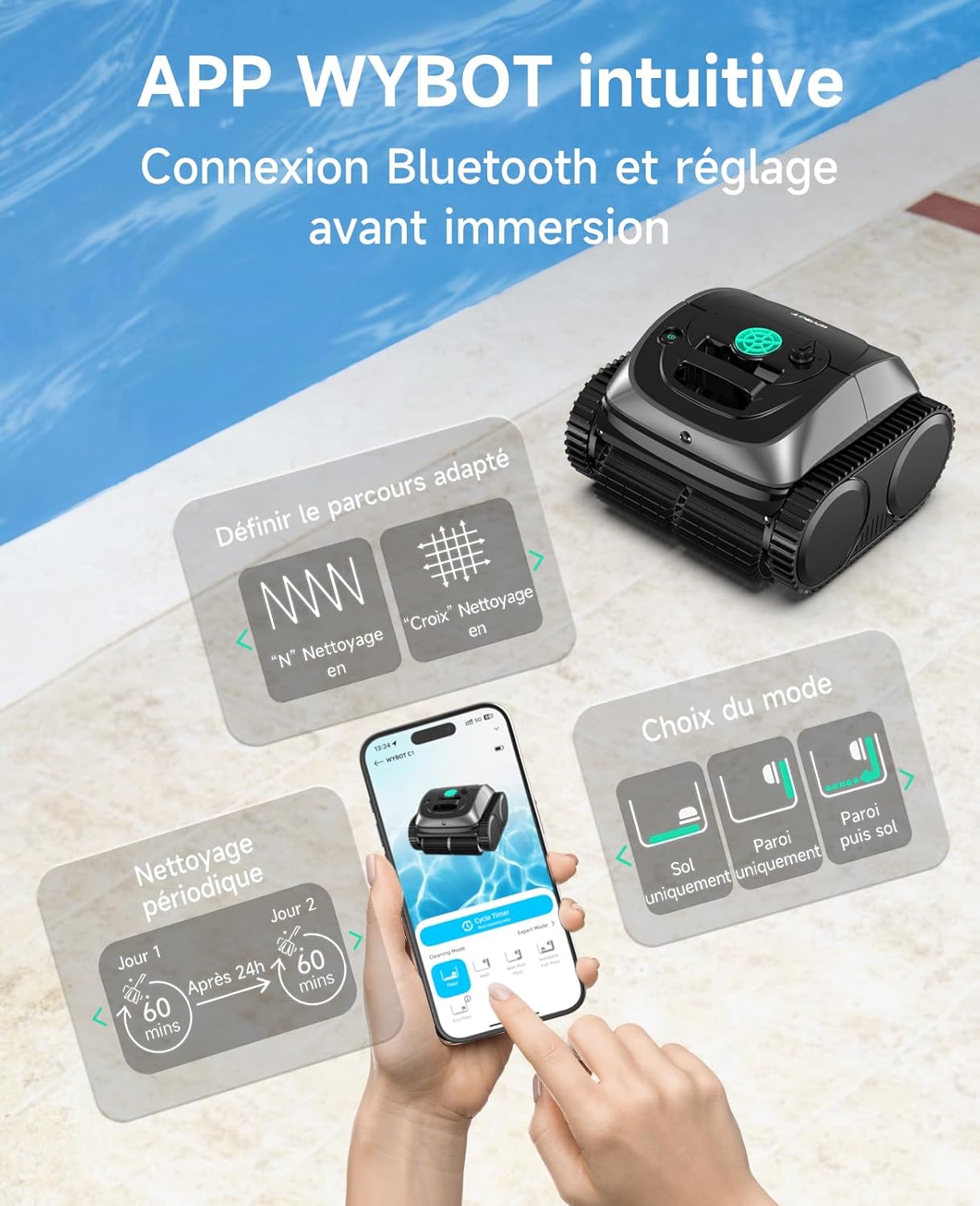 WYBOT C1 Robot Piscine Fond et Parois 150 Min Aspirateur Piscine avec Planification Intelligente des itinéraires, Nettoyage entièrement Automatique du Sol, 150m² Nettoyage Rapide(Vert Gris)
