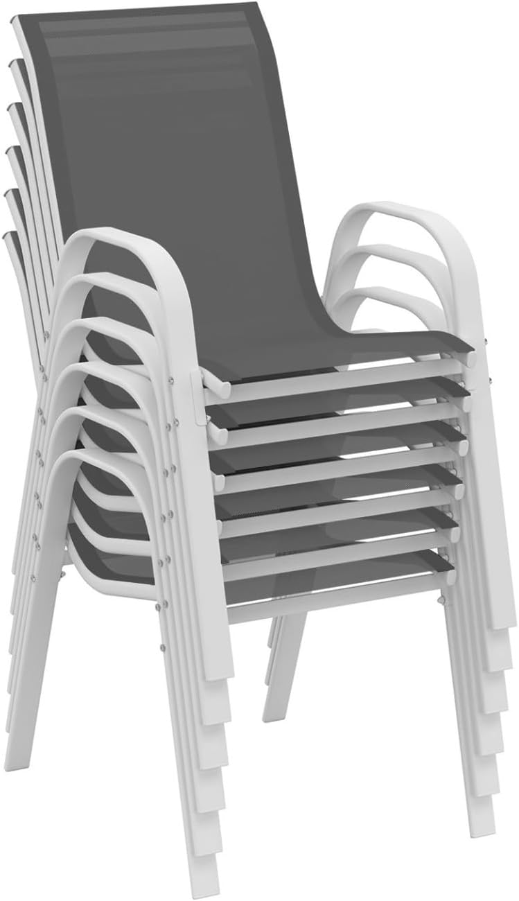 IDMarket - Madrid salon de jardin 150 cm, 6 chaises empilables, blanc/gris