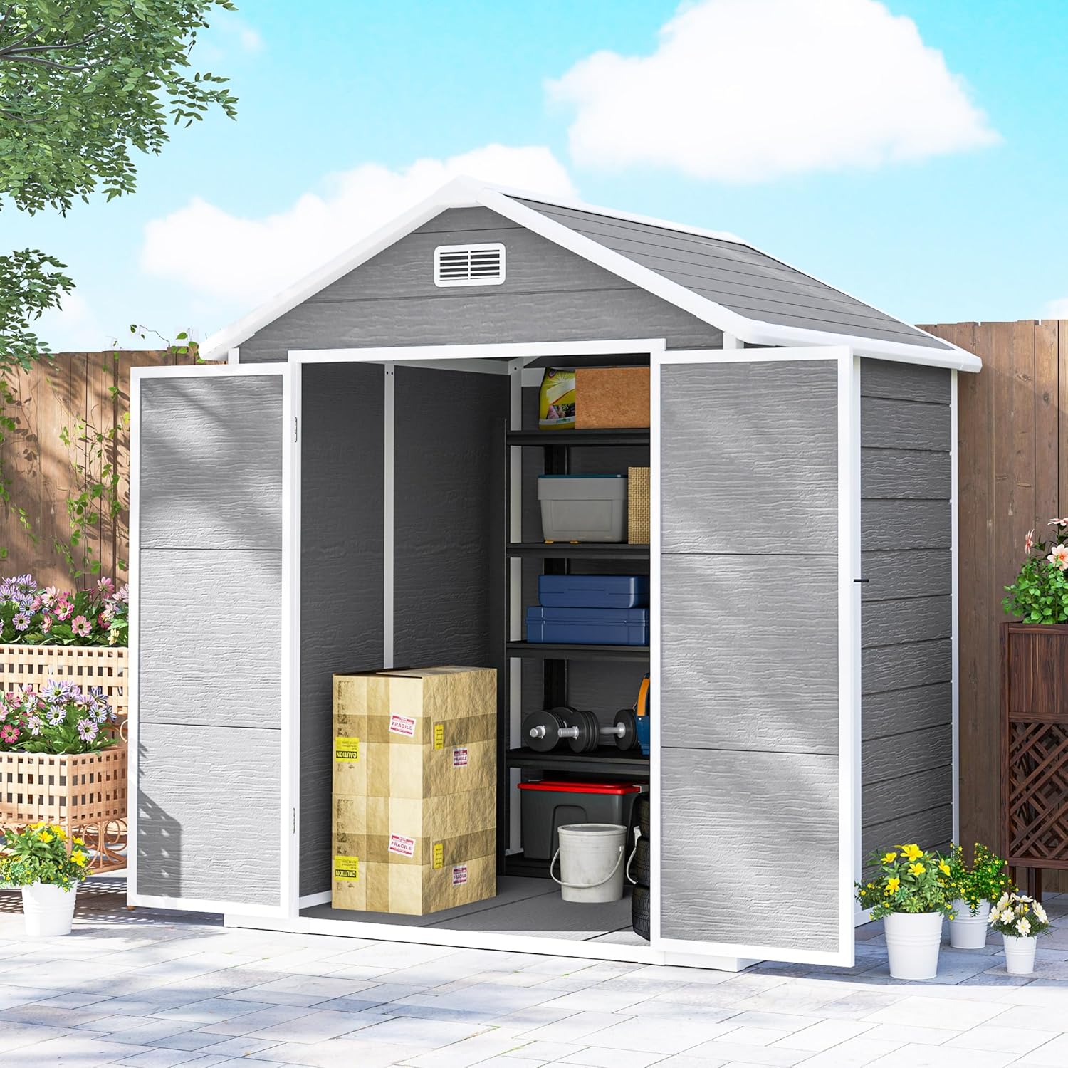Outsunny Abri de Jardin en résine 2,7 m² avec Plancher Structure en Aluminium 182 x 151 x 219 cm, cabane de Jardin cabanon Rangement Outils Portes avec Serrure et clés 3 fenêtre, Gris Global Recycled Standard