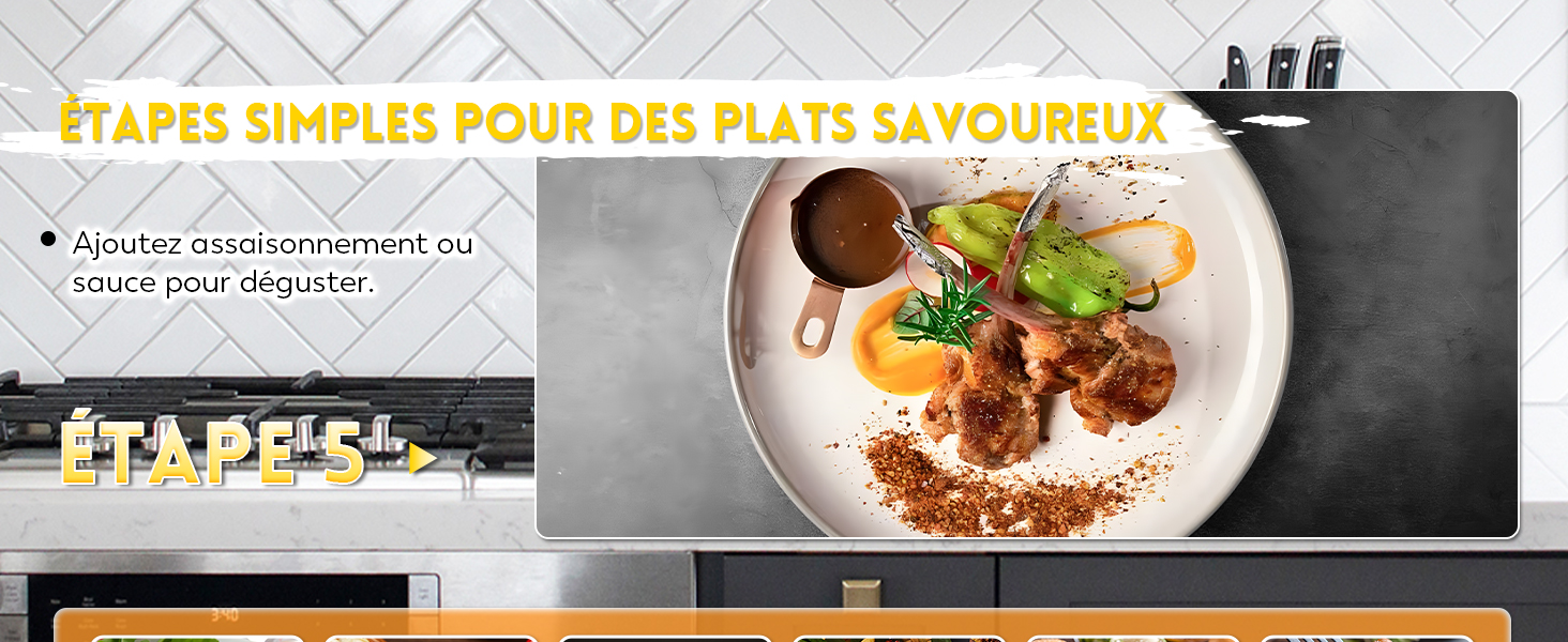 Plat en métal avec présentation de la viande garnie et de la sauce sur une assiette en céramique blanche, avec une superposition de texte en français sur des recettes simples
