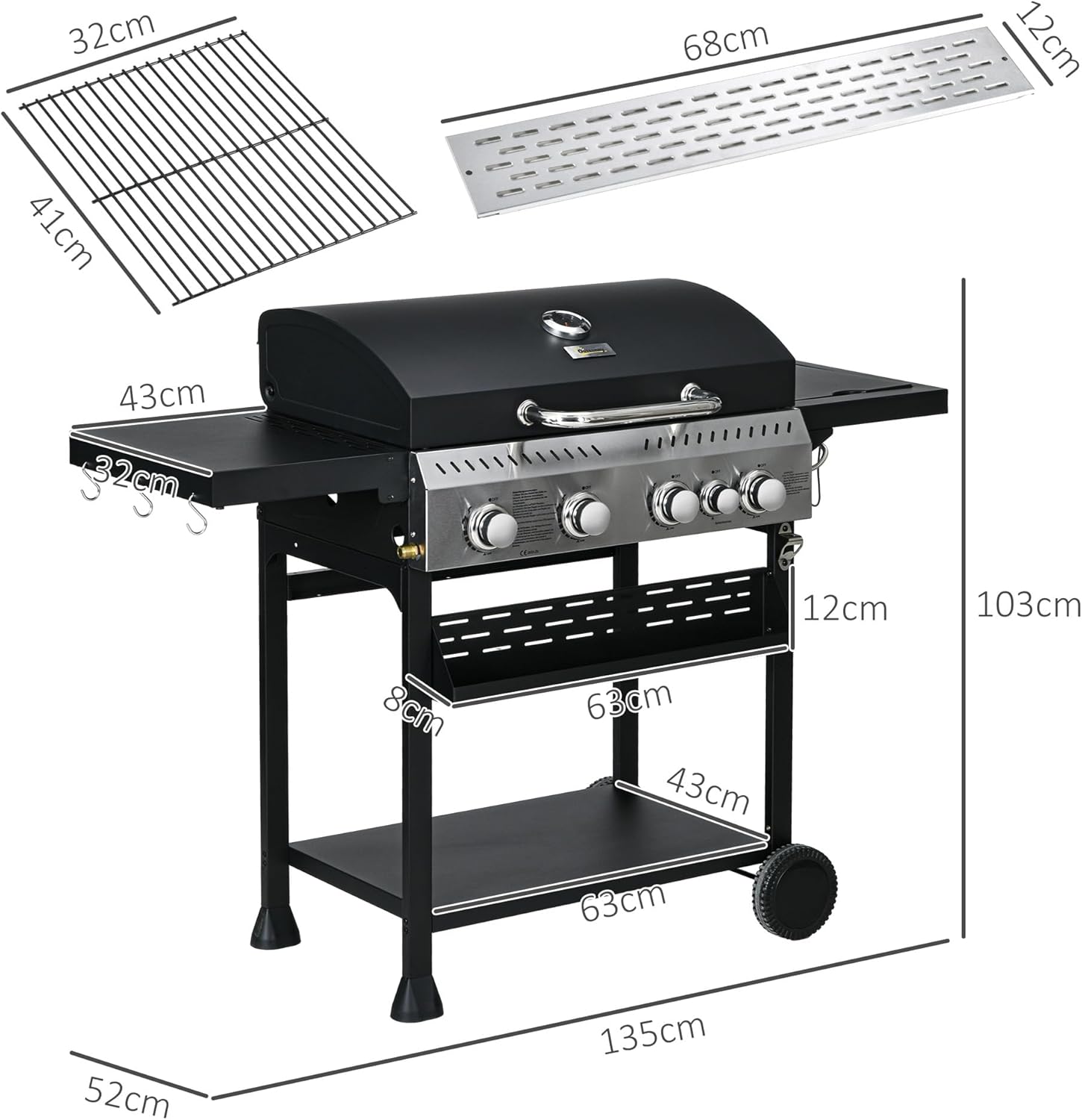 Outsunny - Barbecue gaz 4+1 brûleurs 12,5kW - roulettes, étagères