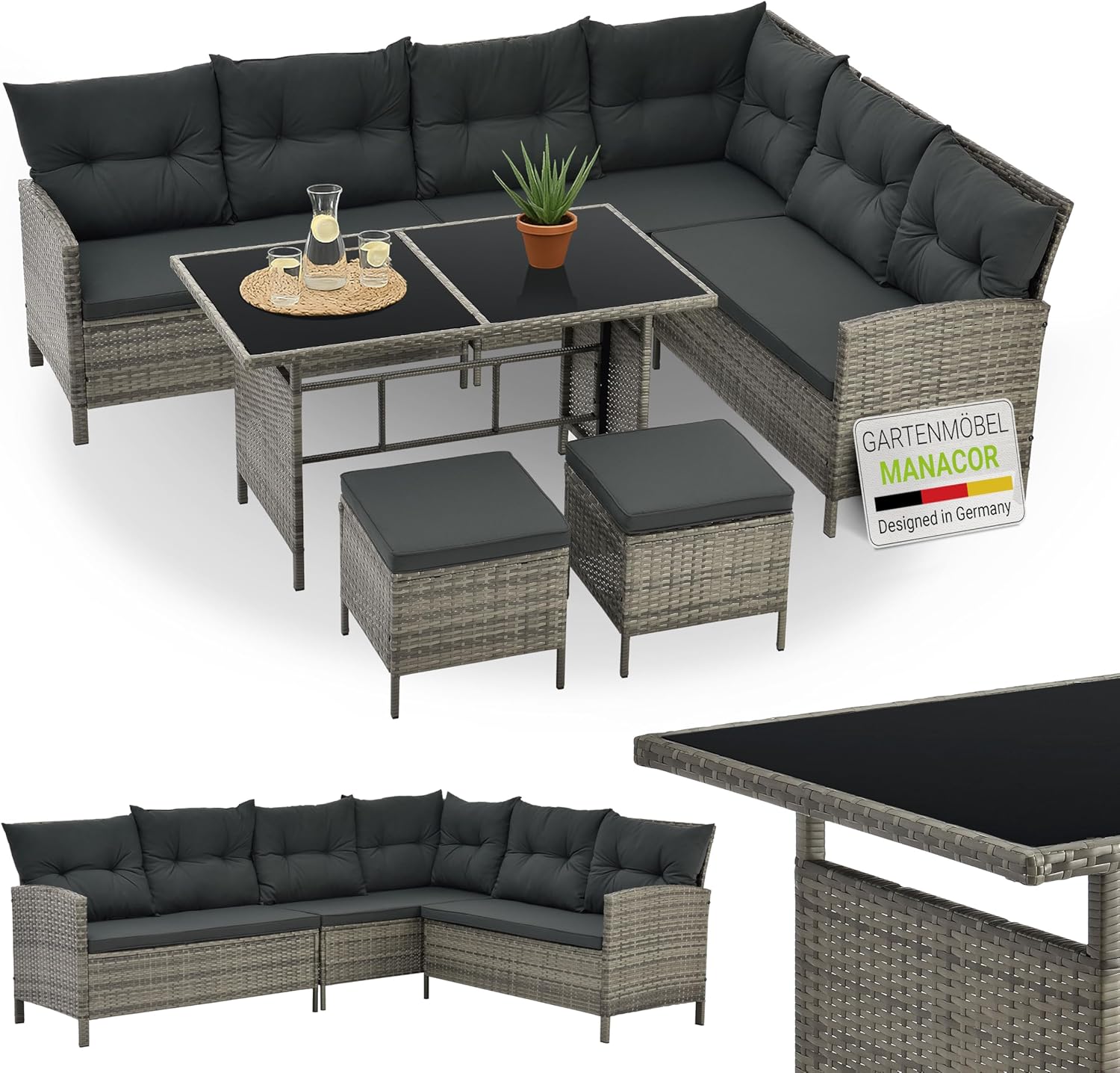 Juskys - Salon de Jardin Manacor - 7 places - Canapé, table, tabourets, coussins, housses, polyrotin gris