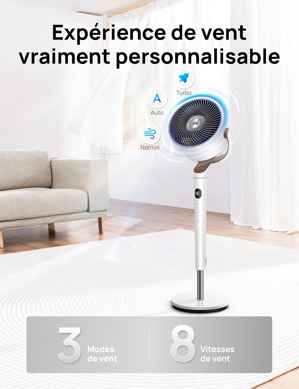 DREO ventilateur sur pied silencieux 20 dB avec oscillation omnidirectionnelle 120°+120°, portée du vent 26 m, débit d’air 1615 m³/h, circulateur Turbo, hauteur réglable 94–107 cm, 3 modes, 8 vitesses