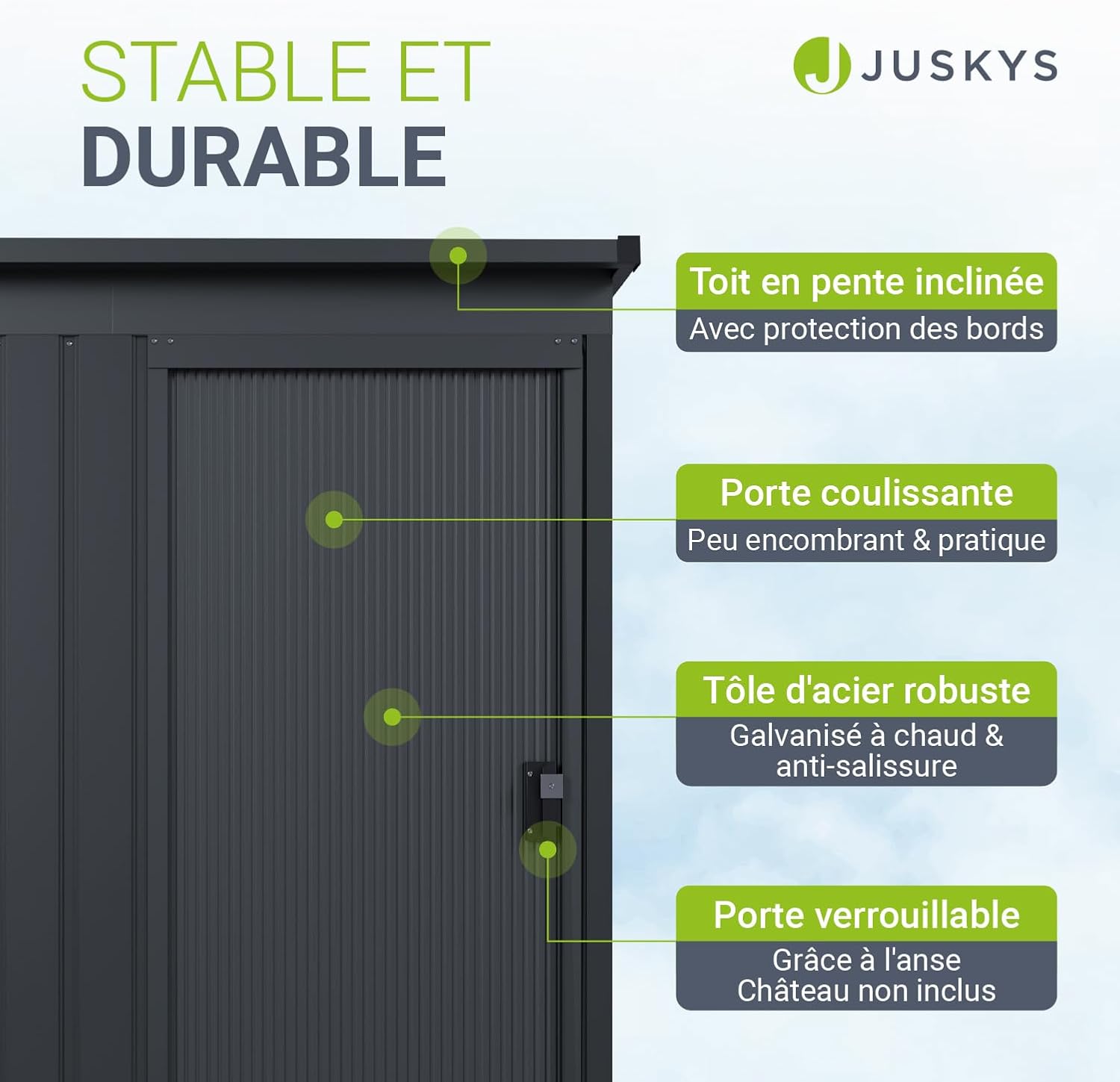 Juskys - abri métallique S - fondation, porte coulissante, verrou, gris