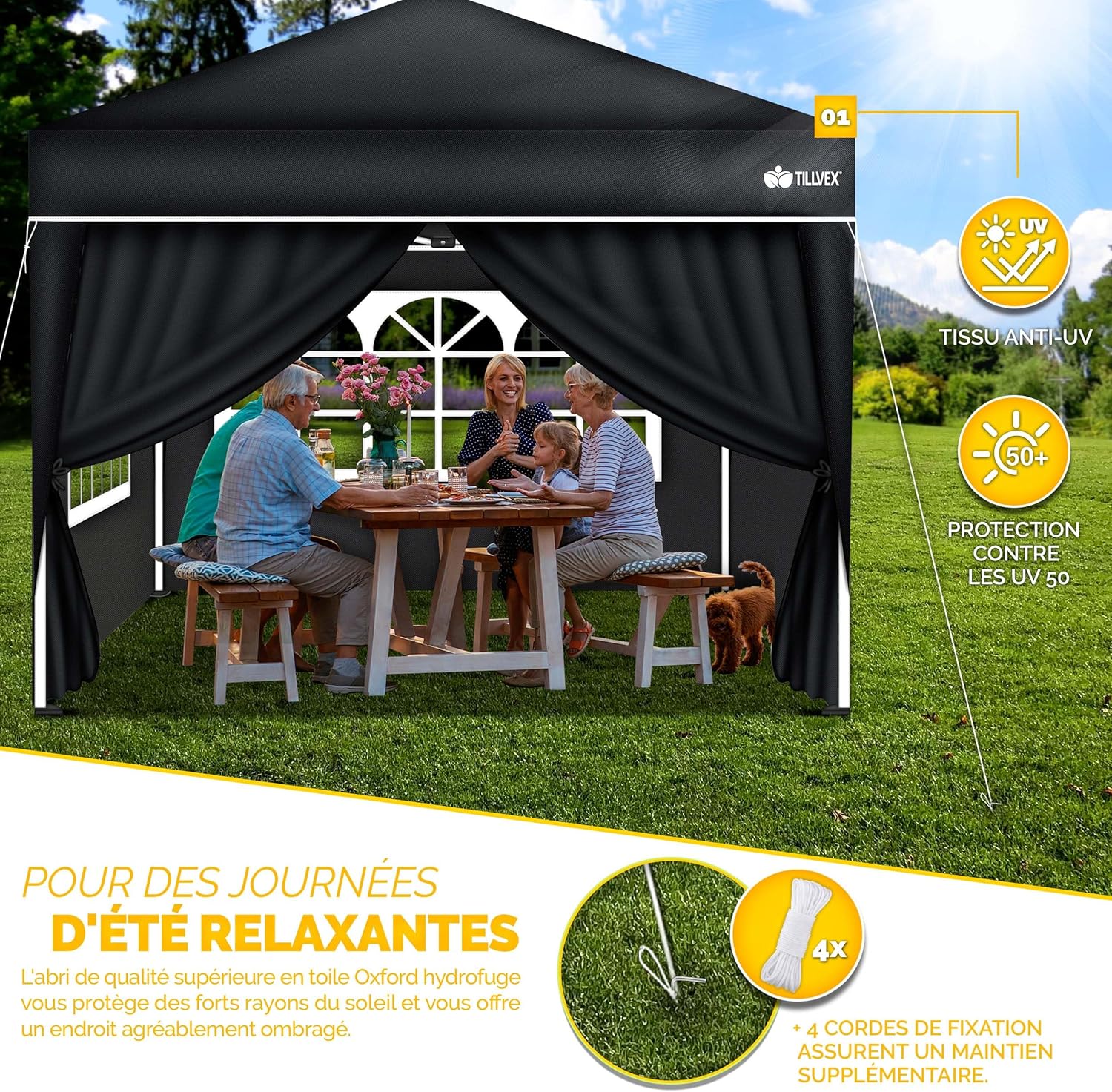 tillvex - Tonnelle pliante série Jardin - 3x3m - 4 côtés, réglable, UV50+, sac