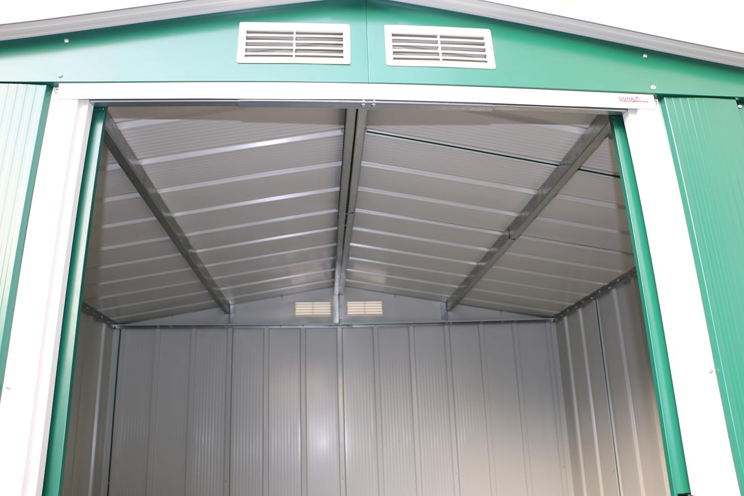 Duramax ECO 8 x 8 (5.89 m²) Abri de Jardin en Métal Galvanisé à Chaud, Abri de Stockage d'Outils, Structure de Toit Renforcée, Abri en Métal Sans Entretien, Vert