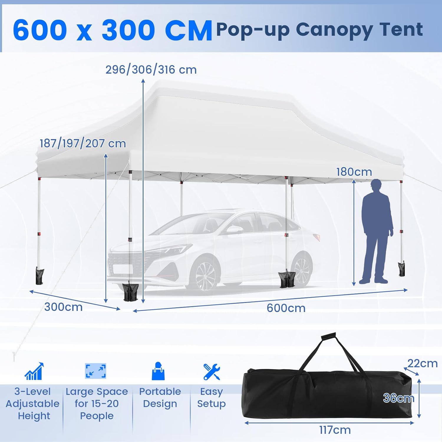 GOPLUS - Tonnelle pliante 3x6m - imperméable, sac transport, blanc