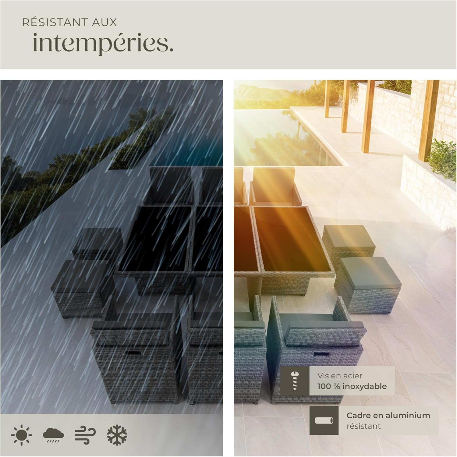 Tectake - Salon de jardin polyrotin 10 places, housses incluses, gris
