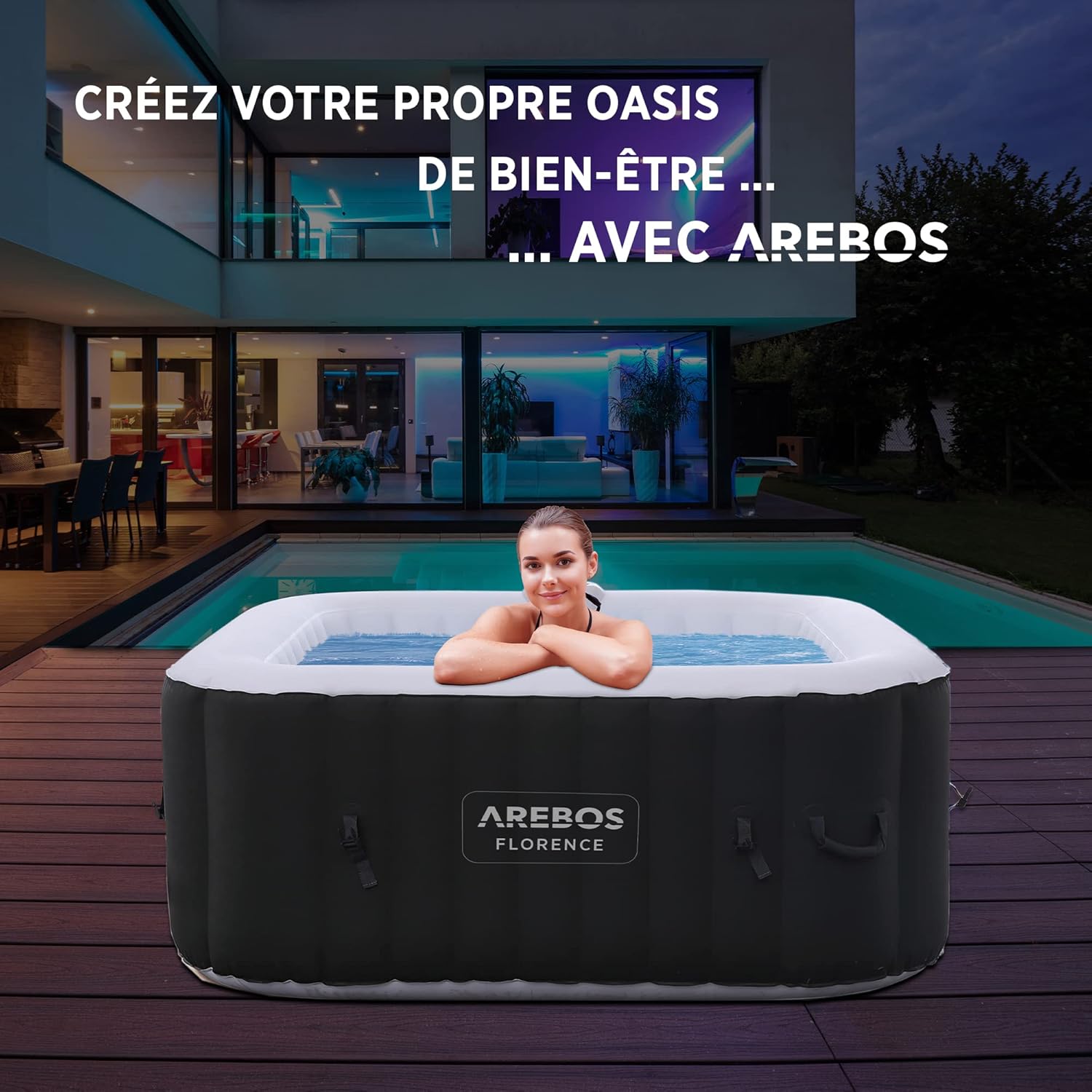 Arebos - Spa gonflable carré 154x154cm - 4 personnes, 100 jets, 600L