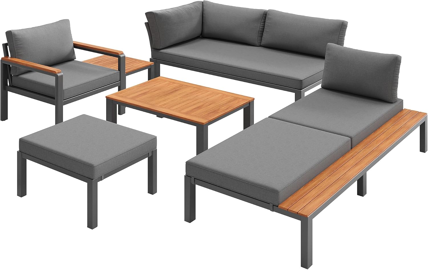 Sapgaks - salon de jardin 6 pers. - métal, coussins, 2 tables, gris