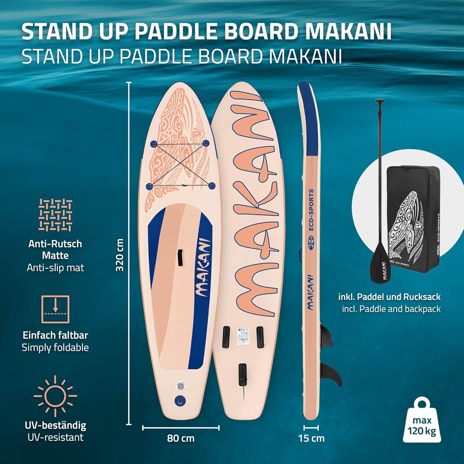 ECD Germany Stand Up Surf Paddle Board Gonflable 305/308/320/380 cm | PVC | jusqu'à 120/150 kg | Épaisseur 10/15 cm | Planche de Surf Pagaie Sac de Transport Pompe à Air | Diverses Couleurs Modèles