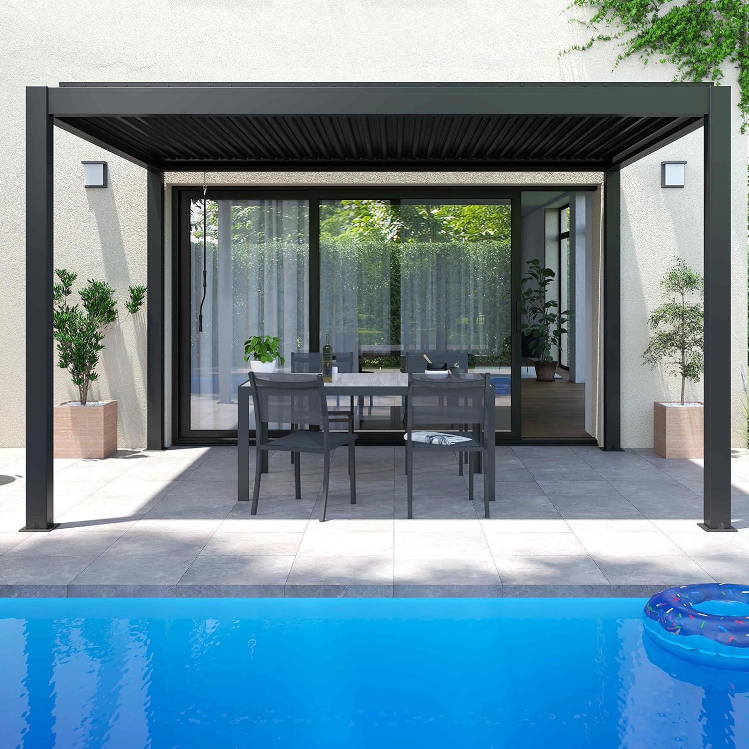 Oviala - Pergola bioclimatique 3x4m autoportée - 2 stores - gris