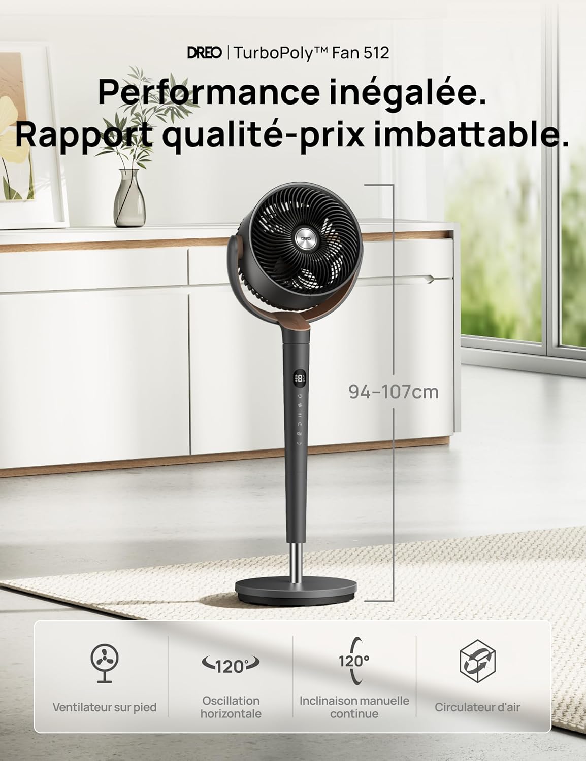 DREO ventilateur sur pied très silencieux avec télécommande, ventilateur grand format 20 dB avec moteur CC, oscillation 120°, 3 modes, hauteur réglable 94–107 cm, ventilateur de sol TurboPoly 512