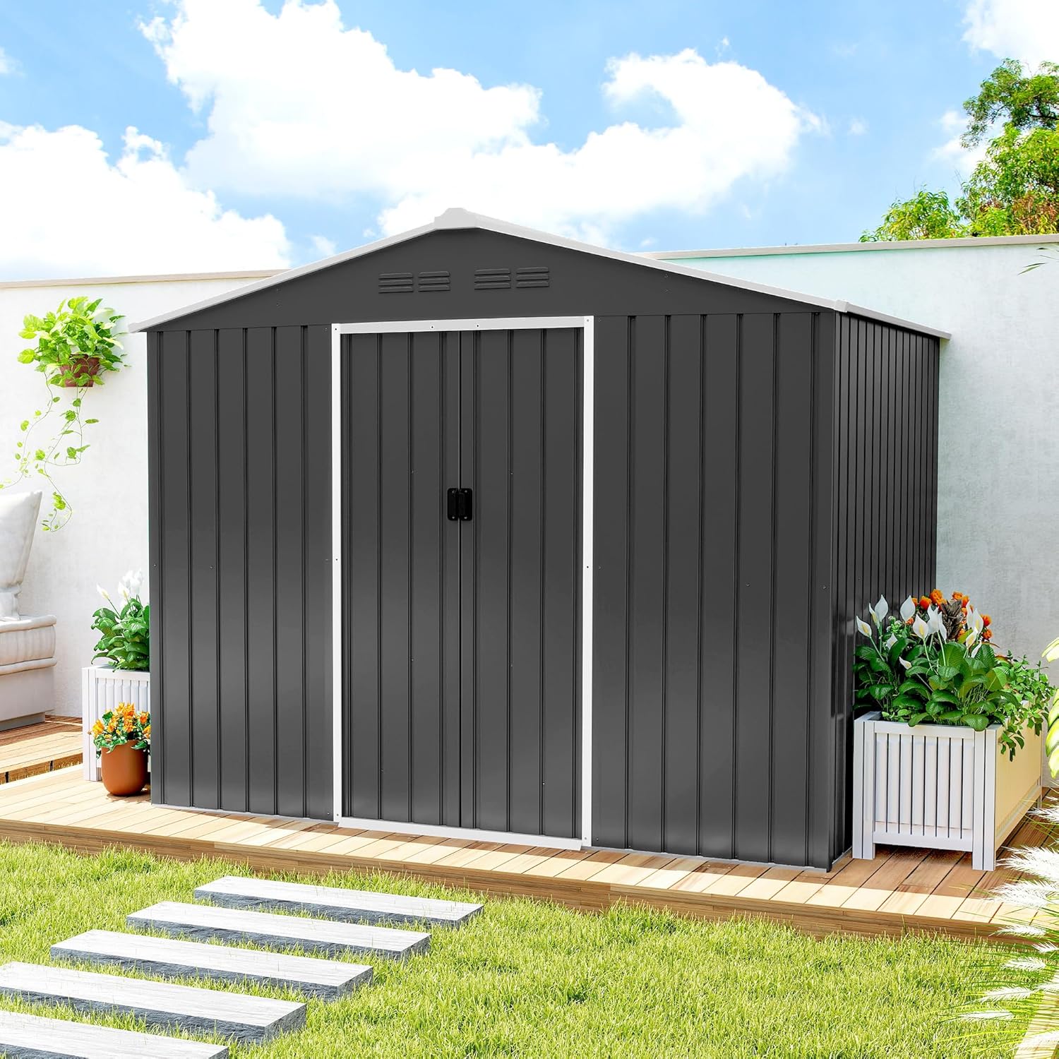 Outsunny Abri de Jardin extérieur 3,6 m², 236 x 171 x 191 cm, abri de Jardin métallique avec Portes coulissantes et Fentes d'aération, pour Le Rangement d'outils, Gris foncé