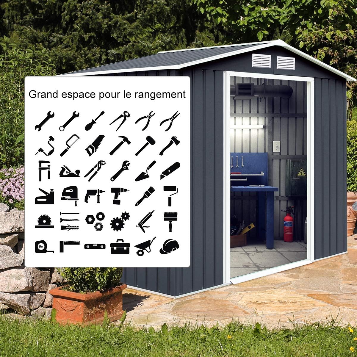 GOPLUS 2,37㎡ Abri de Jardin Métal Galvanisé avec Base, Résistant aux Intempéries, Cabine de Jardin Extérieur 2 Portes Coulissantes avec 2 Fenêtres de Ventilation, 4,39m³, 213 x 127 x 185 cm, Gris