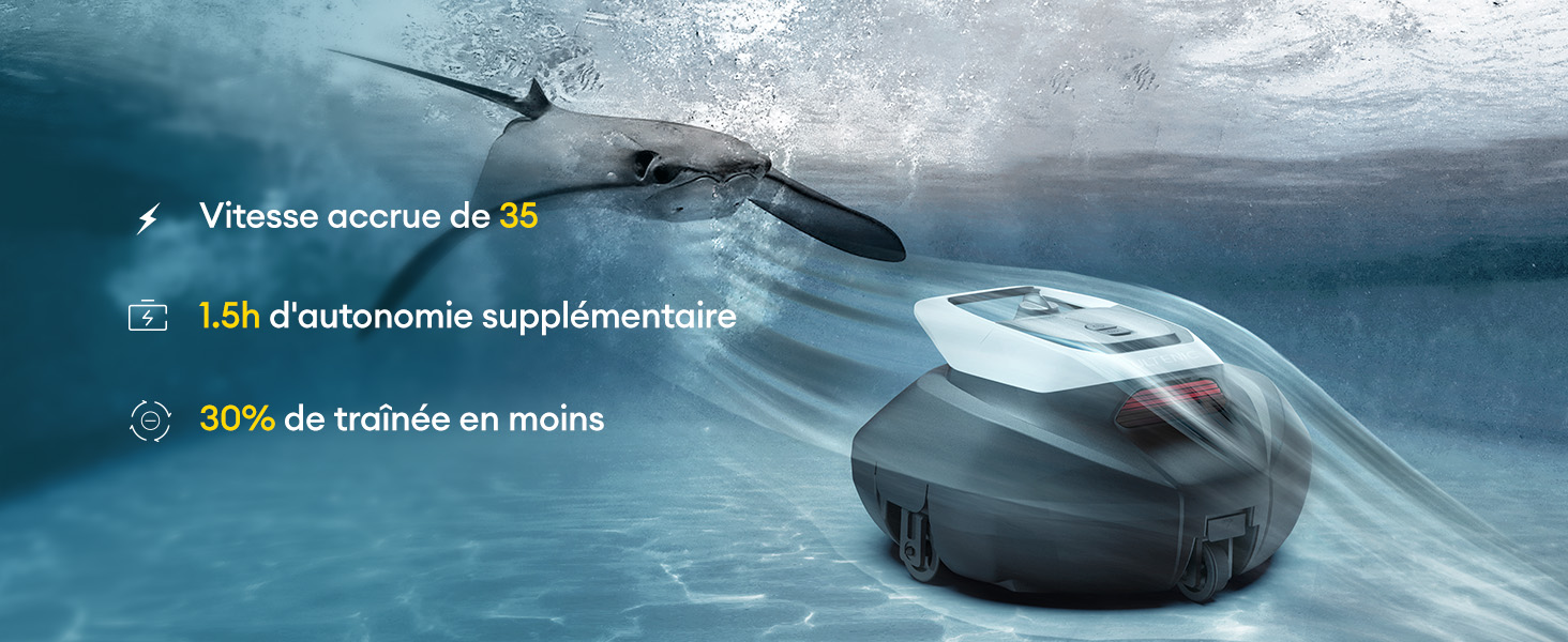 Le texte se lit comme suit : « Vuelve menor de 24 », « 30 % de batería en menos ». Scène sous-marine montrant un appareil robotique à hélices.
