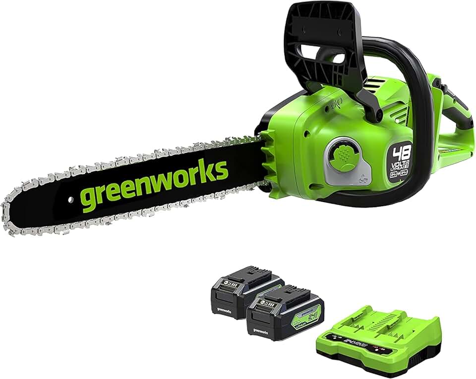 Greenworks - Tronçonneuse sans fil série 48V - 35cm - moteur sans balais, vitesse 20m/s, 2 batteries 24V 4Ah, graisseur 